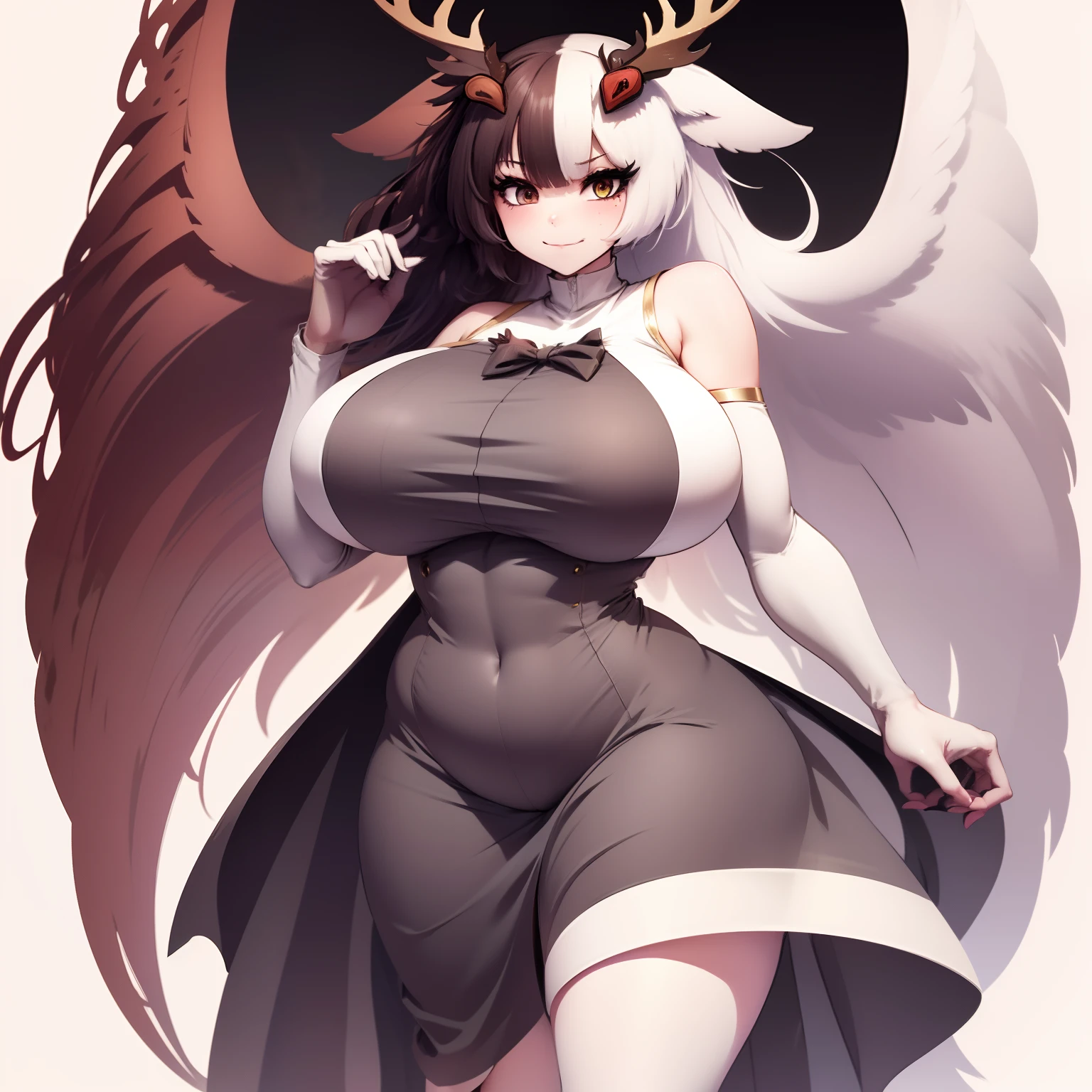 girl, anime, huge deer horns, medium breast, digital simple background, digital white background, string, silk, milk, cute, holding, standing, full body, melting, multicolored hair, hair ornament, digital face, digital body, curvy body, Long hair, closed mount, closed breast,dress, looking at views,tall, high quality, height, full body,