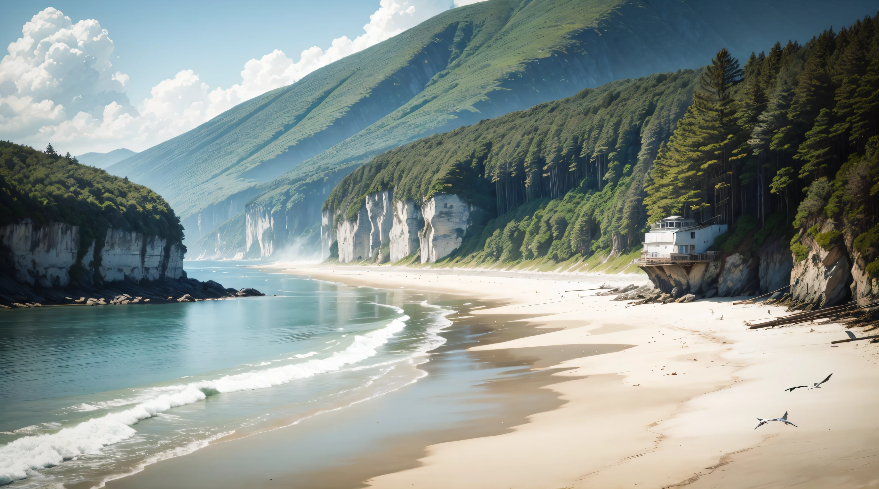 A serene watercolor painting of a remote coastal inlet, where a Firefly helicopter rests on a secluded beach, its rotors stilled, while seagulls soar overhead, encapsulating the tranquility of a hidden coastal gem.