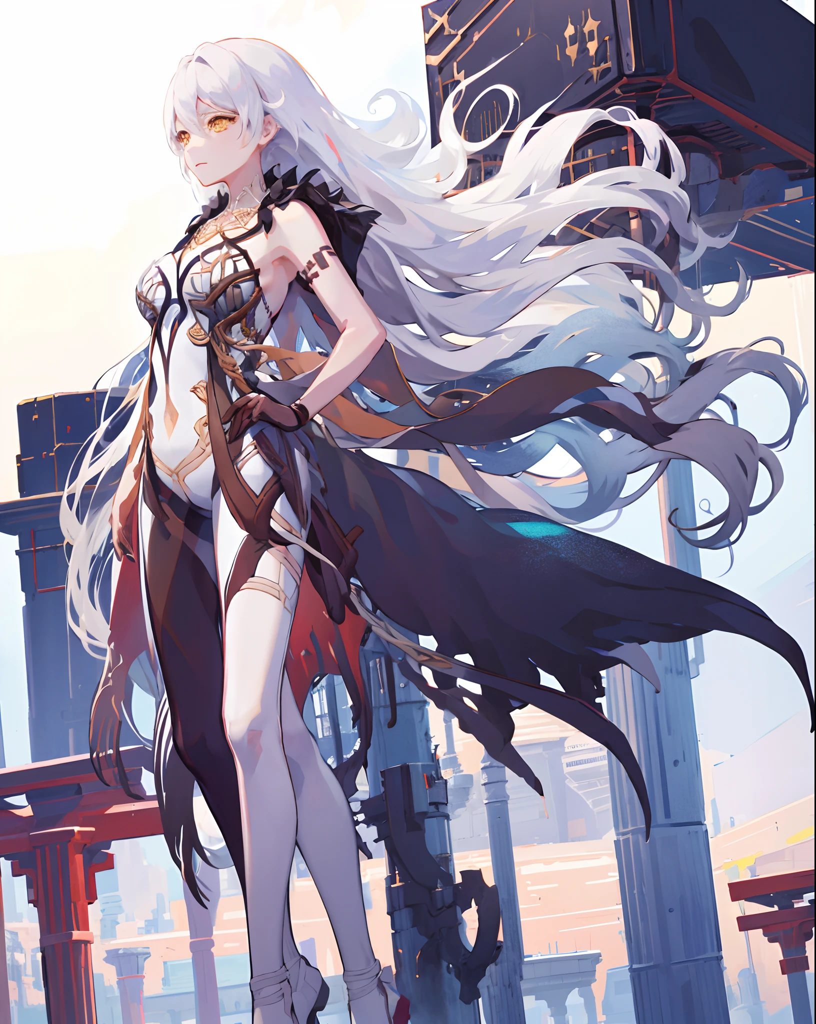 1girl,sohp,standing, hand on hip, outdoors,blue sky,long_hair,floating hair, absurdly long hair, large breasts, floating object, cube,