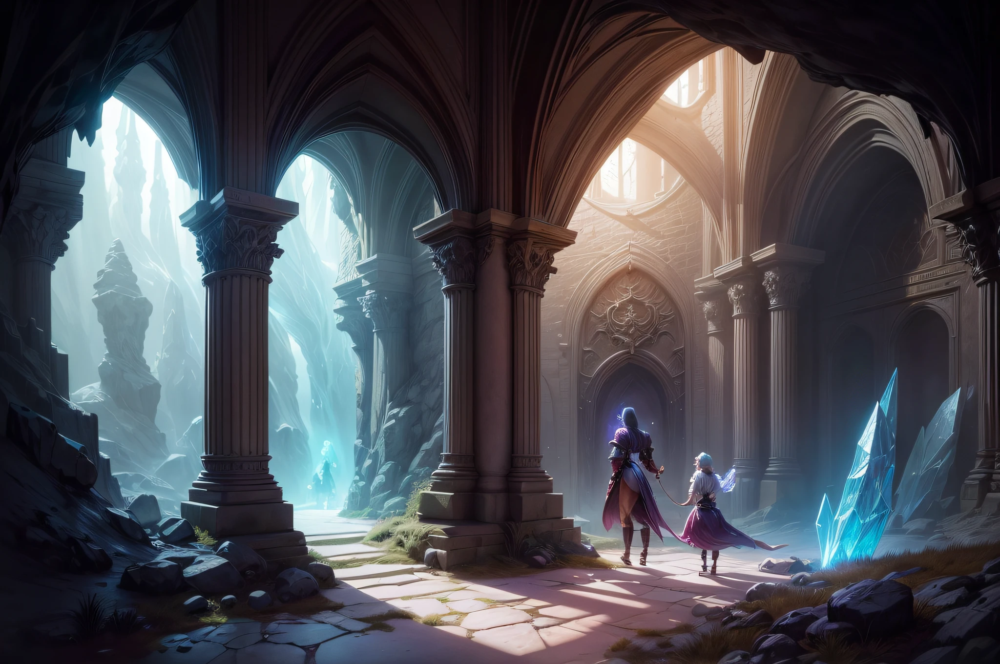 An atmospheric digital painting capturing the interior of the master cave, illuminated by the soft, magical glow of crystals. The "Dragon Girl Master" and her dragon companion explore the winding tunnels, discovering ancient relics and secrets hidden within.