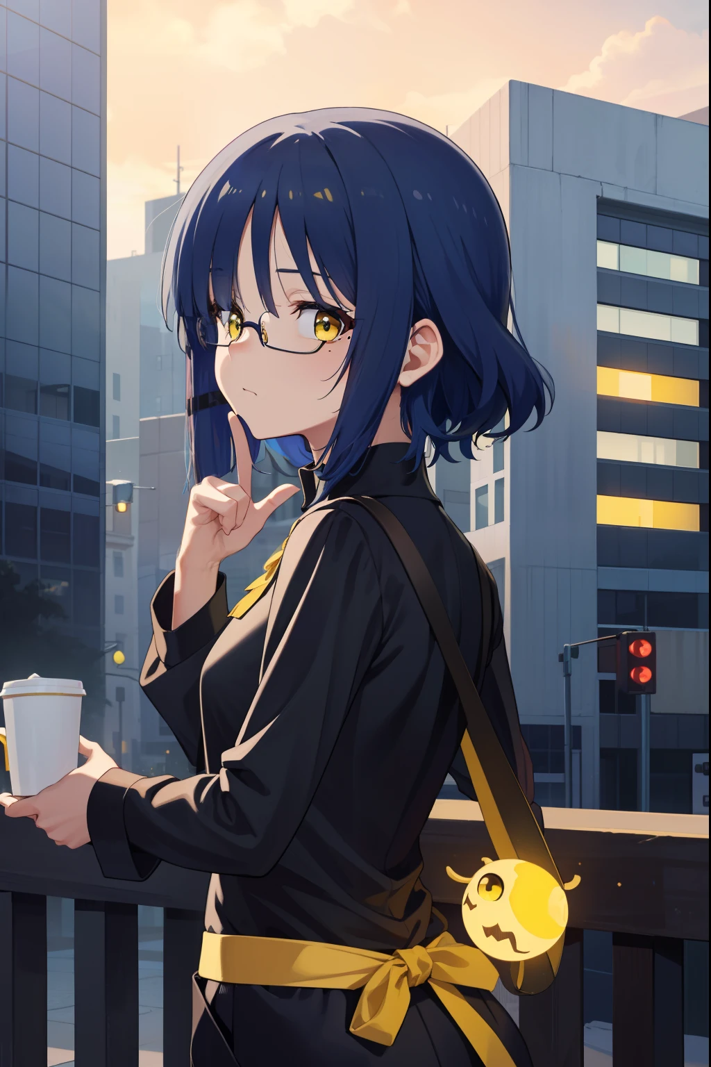 Ryu Yamada, Ryu Yamada, Blue hair, Eyes visible through hair, dark mole, Moles under eyes, Short hair, (Yellow eyes:1.5), hair pin, Black ribbon,  Loafer shoes, Long sleeves,Black turtleneck underwear，whiteshortcoat，black long pants，thongs，circle glasses，Black glasses， Coffee in hand，back to look back，head bowed slightly，From the side Side，streetview，Outdoor break free (Masterpiece:1.2), Best quality, high resolution, Unity 8k wallpaper, (illustration:0.8), (Beautiful detailed eyes:1.6), Extremely detailed face, Perfect lighting, Extremely detailed CG, (Perfect hands, Perfect anatomy),