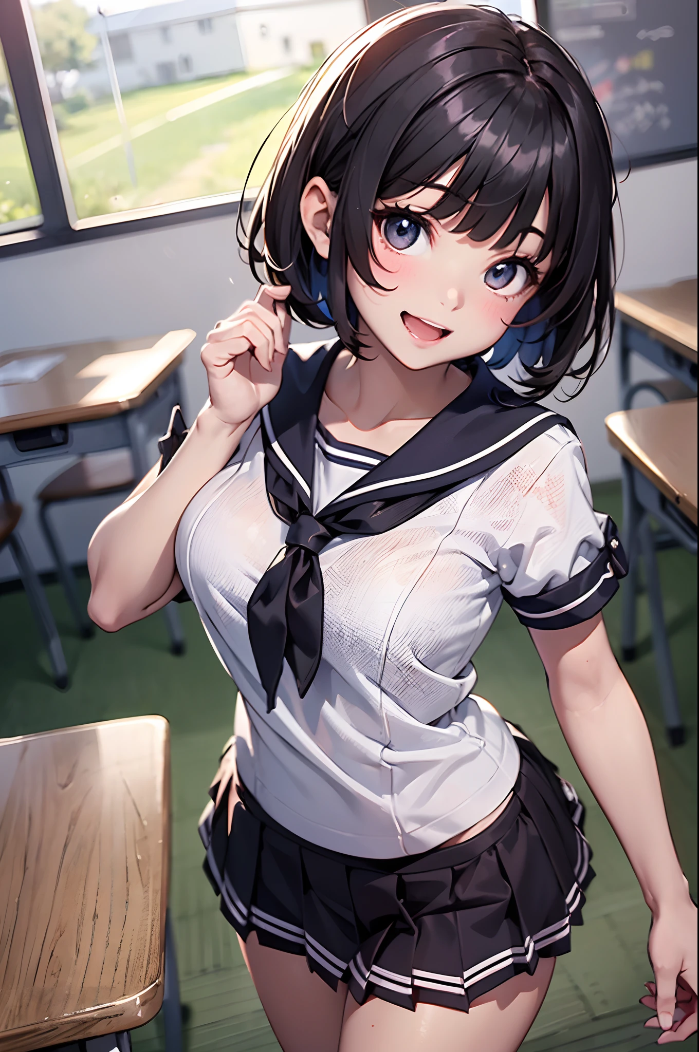 (top-quality、in 8K、32K、masterpiece、nffsw、超A high resolution、Impresionismo、Photorealsitic:1.2)、Angle from above、High angle、Colossal tits、cowboy shot, detailed faces and eyes、 Inside the classroom、Schools、Evening glow、beauitful face、blurry backround、16-year-old beautiful girl、shinny skin、short-hair、Beautiful black hair、Blunt bangs、Red Eye、(Katyusha:1.2)、a sailor suit、Pleated miniskirt、Curve、Stand on one knee、(I can see panties:1.2)、Smile with open mouth、Opening legs、