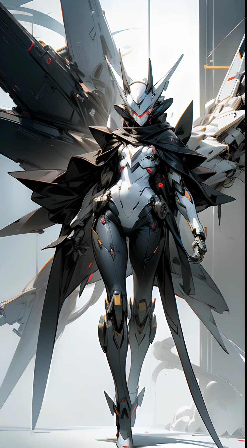 full body shot, hyper realistic, white celestial catwoman mecha bot, wearing minimalist angular mecha gundam mask, wearing cybernetic techwear cloak, with gigantic mechanical Additional Booster wings, sleek design, dark fantasy, futuristic environment, heroic pose, --niji 5