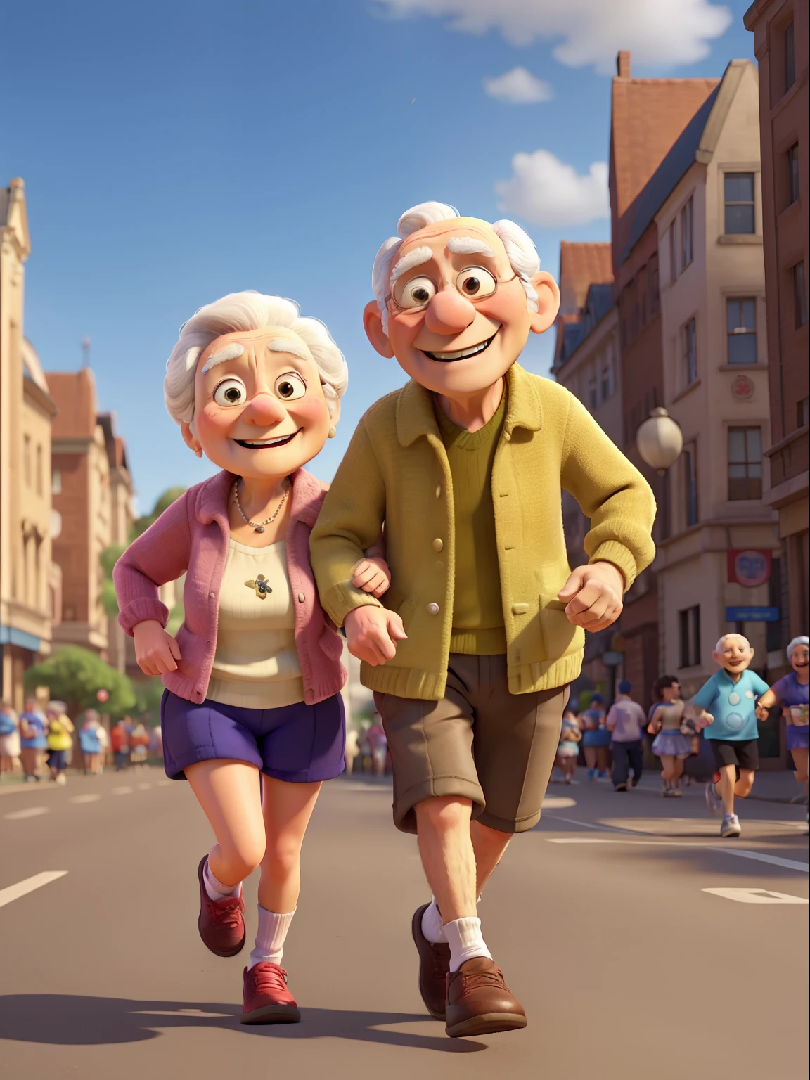 An award winning image of an adorable smiling old couple, running a street marathon, in the style of Aardman Animations, Arthur Boyd, Picasso, 3d rendered, soft lighting