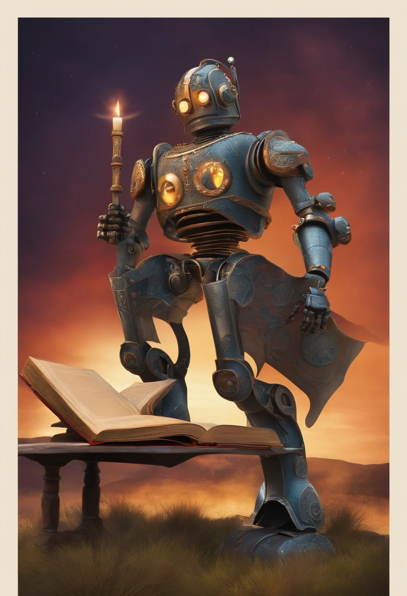 robot medieval con un libro en la mano, leyendolo