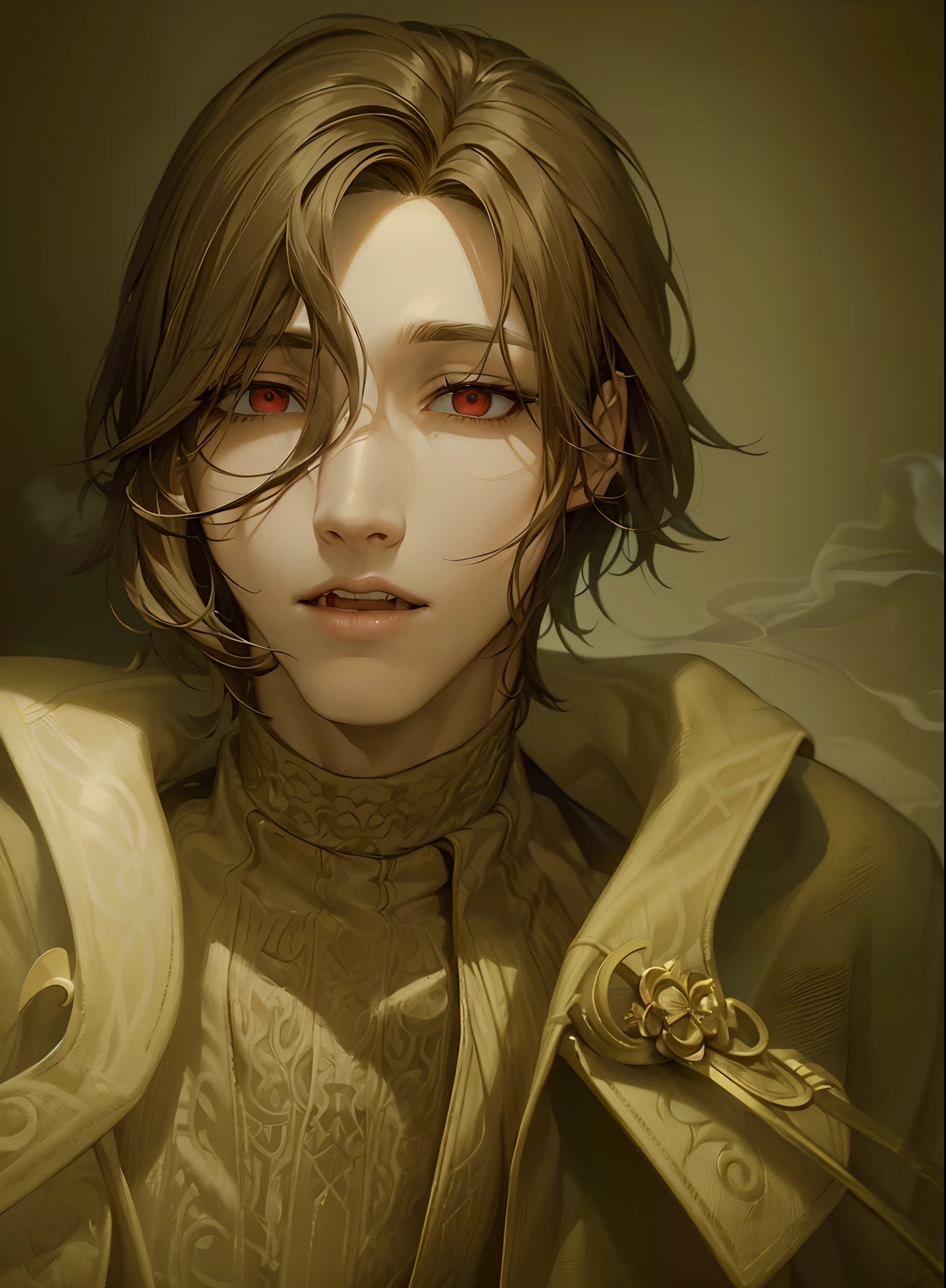 ((tmasterpiece)),(((beste-Qualit))), Close-up of a man with brown hair and a white body, character close up, Subsurface scattering skin, Attractive humanoid, no shirt, high detail, stylized portrait, character close up, Only the head and torso, androgynous face, Skinny fantasy man, Fan art, Art, handsome male, pale skin, l vampire, red-eyes, Skinny face, sunken cheeks, Sharp fangs, A sad deep look, Sad, thought, Looking down, Melancholic appearance, sharp chin, Smooth face, naked thin body, earring in the ear, Hair gradient, hair color from brown to red, thin eyebrows, short hair on the side, pixie hairstyle, Wavy Hair, Black background, Smoke, haze