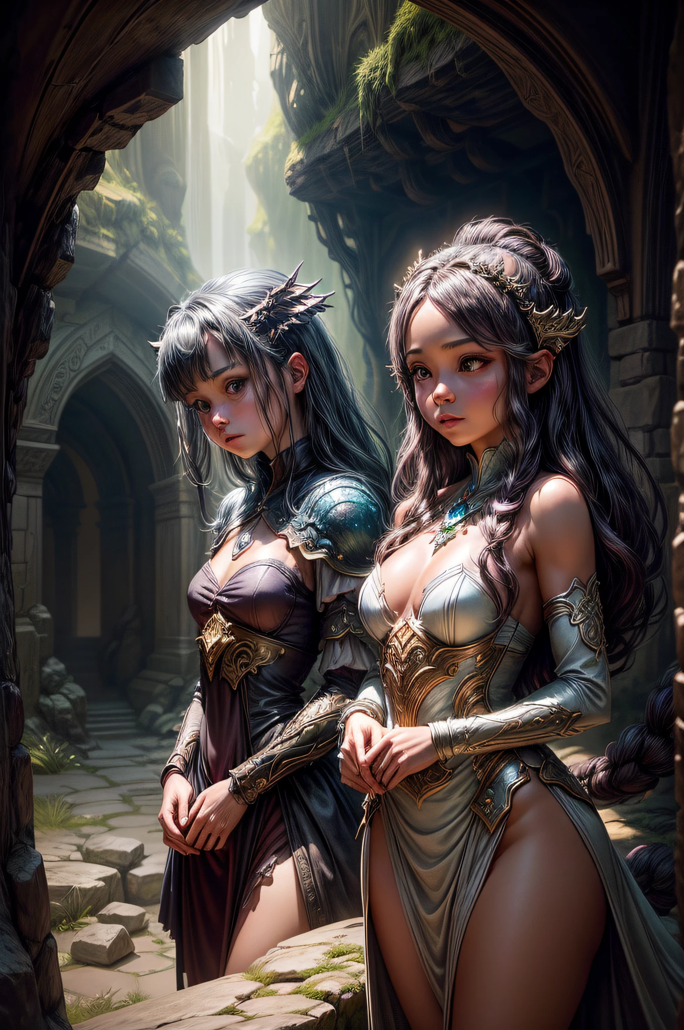An atmospheric digital painting capturing the interior of the master cave, illuminated by the soft, magical glow of crystals. The "Dragon Girl Master" and her dragon companion explore the winding tunnels, discovering ancient relics and secrets hidden within.