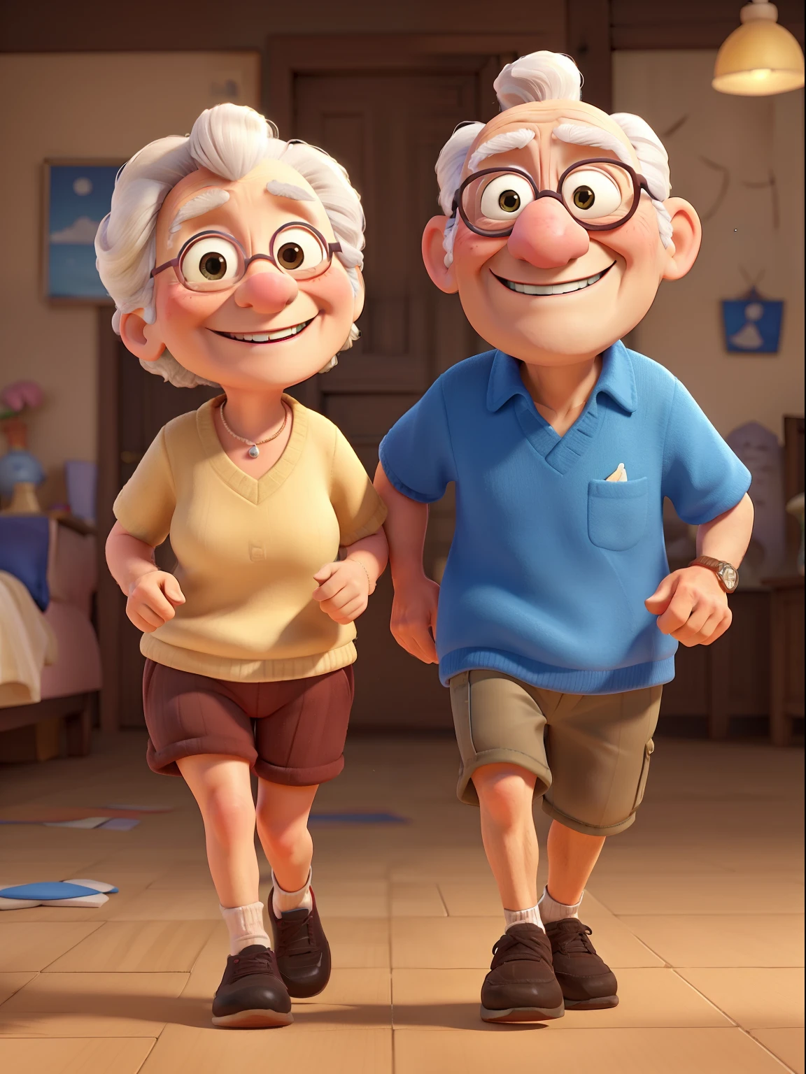 An award winning image of an adorable smiling old couple, running a marathon, in the style of Aardman Animations, Arthur Boyd, Picasso, 3d rendered, soft lighting