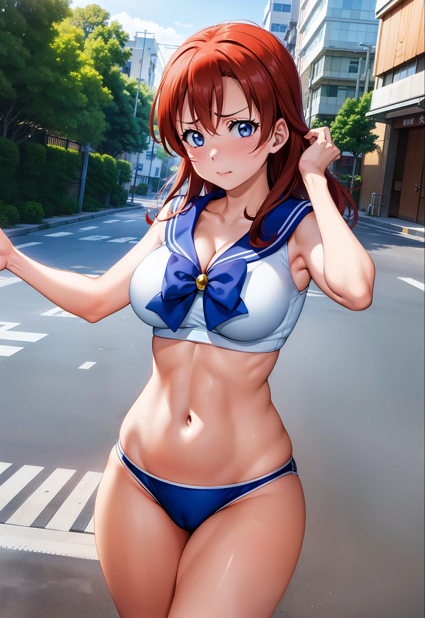 Kousaka honoka, blue eyes, sailor moon lingerie,  heavy breathing,red face,blunt hair,curvy body, standing , foreground, tokyo street, japan , exposed armpits, exposed groin, exposed inguinal, exposed pubis, serious, cleavage