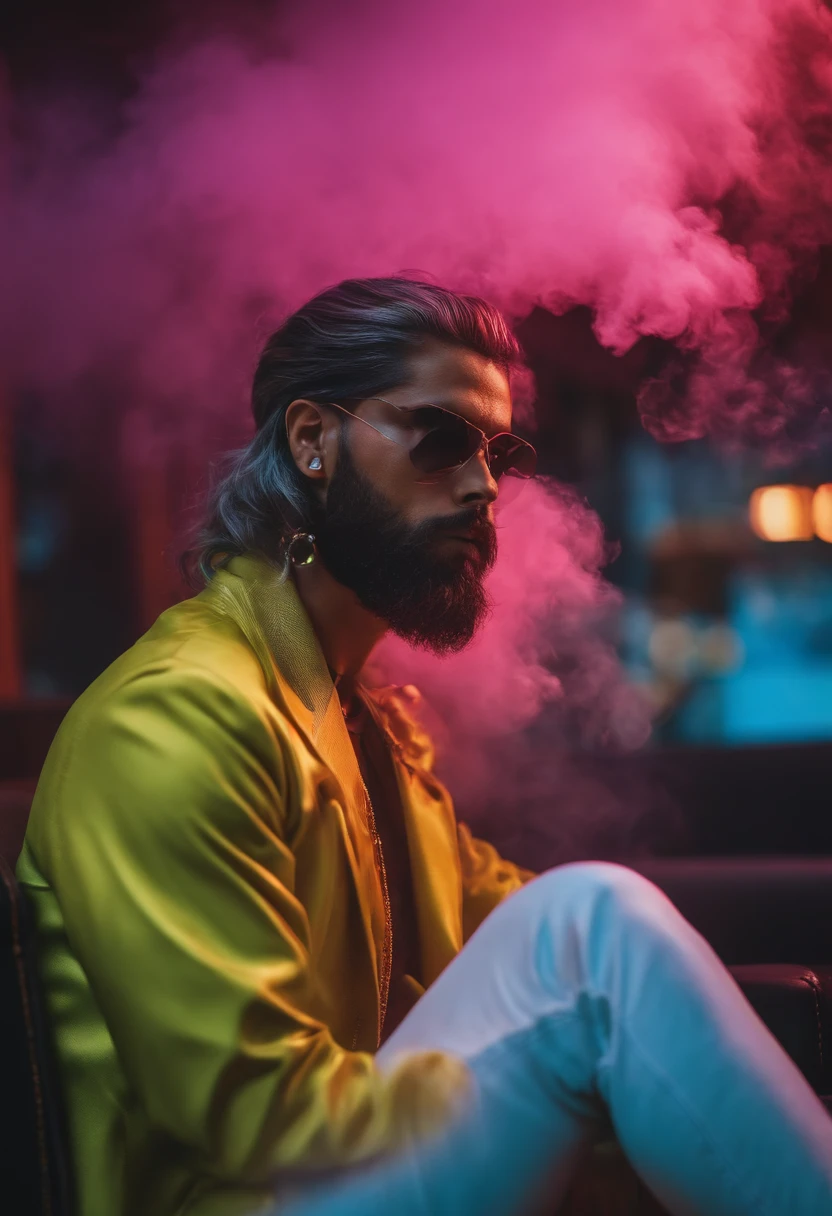 Um homem sentado em um trono no meio de uma cidade futurista, with colorful smoke around him, Several fumes around him, neon, estilo cyberpunk, com duas mulheres bonitas ao lado dele, uma mulher bonita no lado direito, uma mulher bonita com cabelo ruivo do lado esquerdo