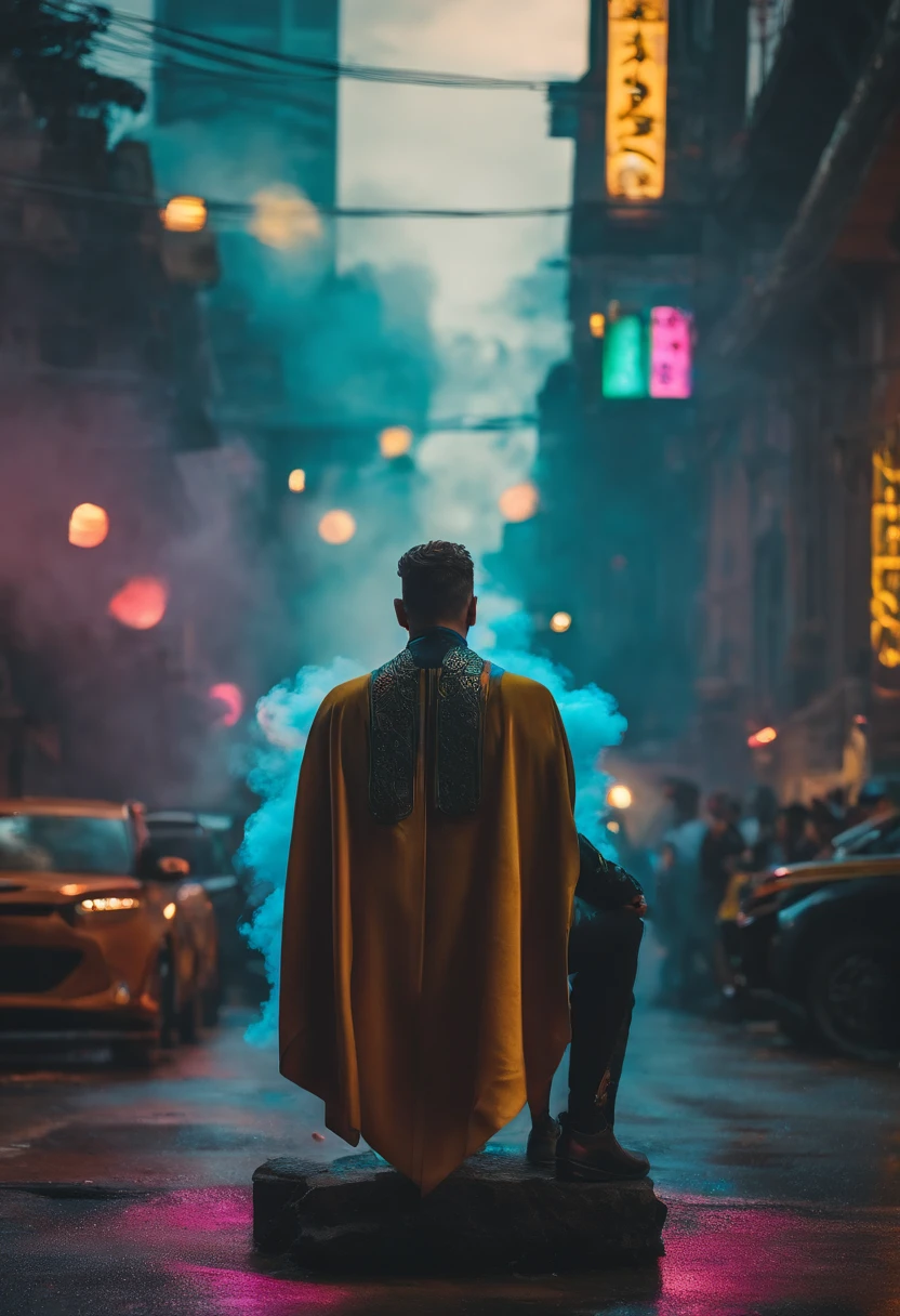 Um homem sentado em um trono no meio de uma cidade futurista, with colorful smoke around him, Several fumes around him, neon, estilo cyberpunk, com duas mulheres bonitas ao lado dele, uma mulher bonita no lado direito, uma mulher bonita com cabelo ruivo do lado esquerdo
