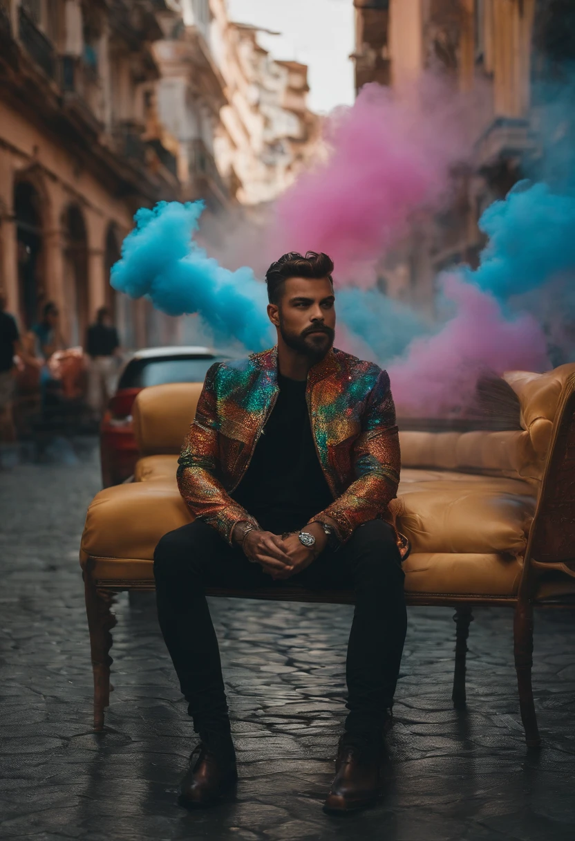 Um homem sentado em um trono no meio de uma cidade futurista, with colorful smoke around him, Several fumes around him, neon, estilo cyberpunk, com duas mulheres bonitas ao lado dele, uma mulher bonita no lado direito, uma mulher bonita com cabelo ruivo do lado esquerdo