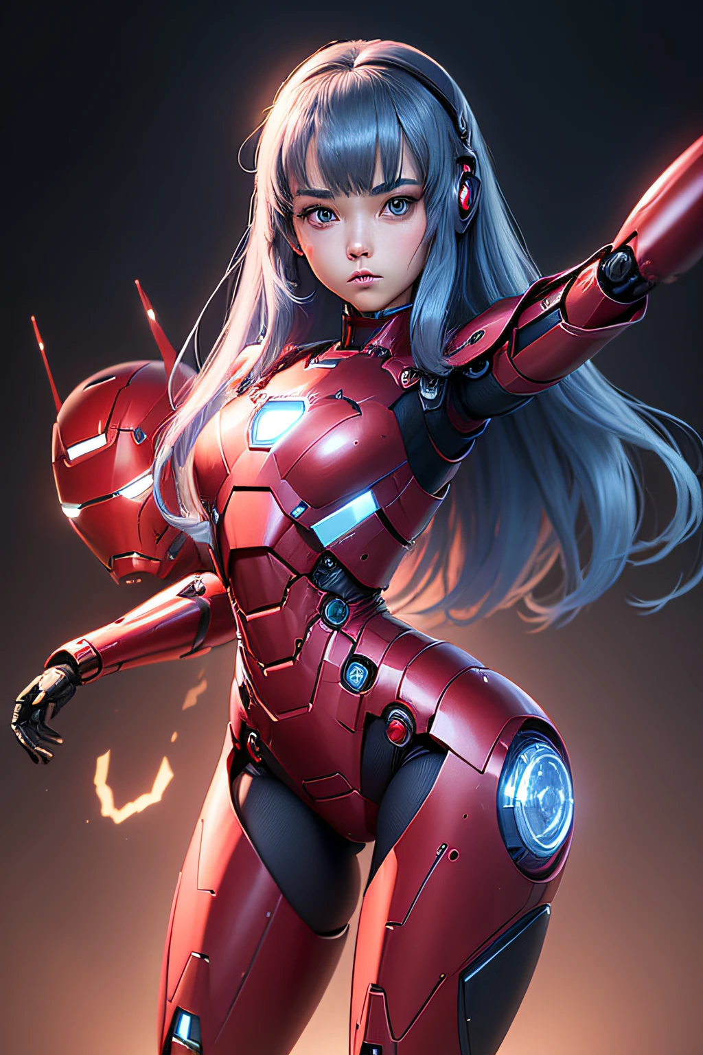 (Photorealsitic:1.4)、One girl、(top-quality)、(com rosto detalhado)、(Super well-formed face)、((Robot parts))、(Mother robot)、(age 22)、(Blue)、(pink there)、(Burgundy)、(Metallic)、(Full-body)、(sexyposture)、(Slender body)、(Model body type)、(Full body Iron Man mech)、(Mechanical Exposure)、(akihabara)、(blue  hair)、(Well-proportioned lady)、(a small face)、(well-groomed fingers)、(heartthrob)、(frontage)、(Stand on both legs)、(Viva poses with open arms)、(Photo session)、(Looks sad)、(Perfect female robot)
