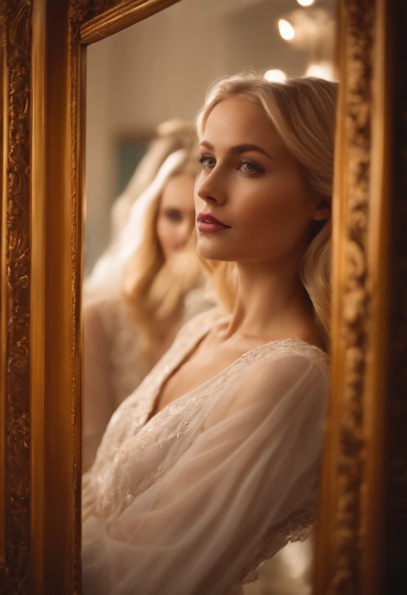 Generate a video of a blonde girl in front of the mirror