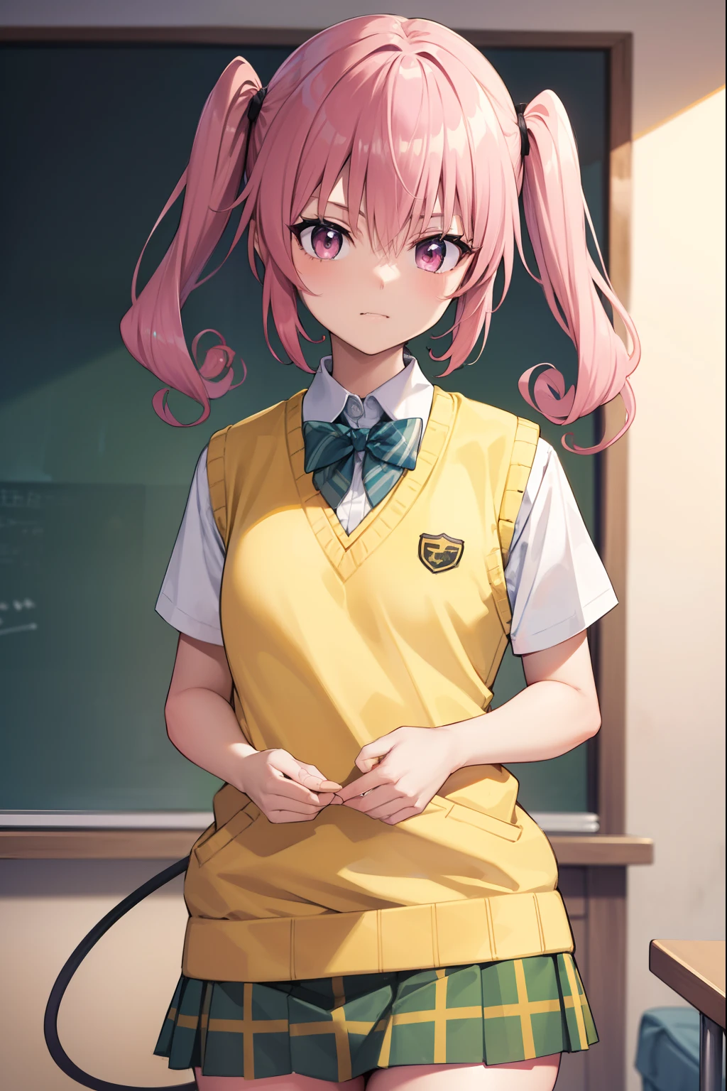 nanadeviluke, nana asta deviluke, fang, long hair, (pink eyes:1.5), pink hair, tail, twintails, (flat chest:1.2),
BREAK green skirt, plaid, plaid skirt, sainan high school uniform, school uniform, skirt, shirt, white shirt, sweater vest, (yellow sweater vest:1.5), short sleeves,
BREAK looking at viewer,
BREAK indoors, classroom,
BREAK (masterpiece:1.2), best quality, high resolution, unity 8k wallpaper, (illustration:0.8), (beautiful detailed eyes:1.6), extremely detailed face, perfect lighting, extremely detailed CG, (perfect hands, perfect anatomy),