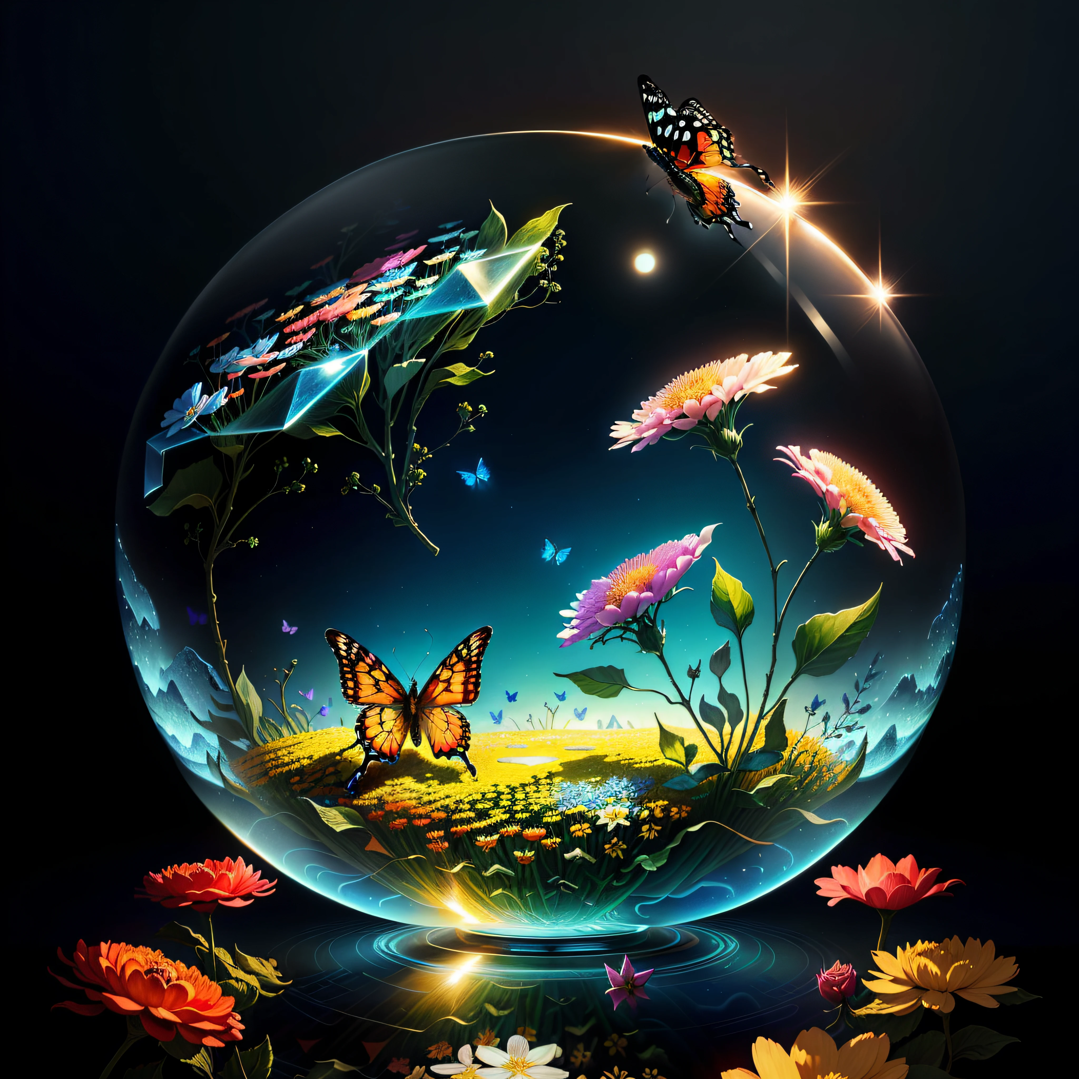 anthill with flowers and insects trapped in a water bubble on top realistic