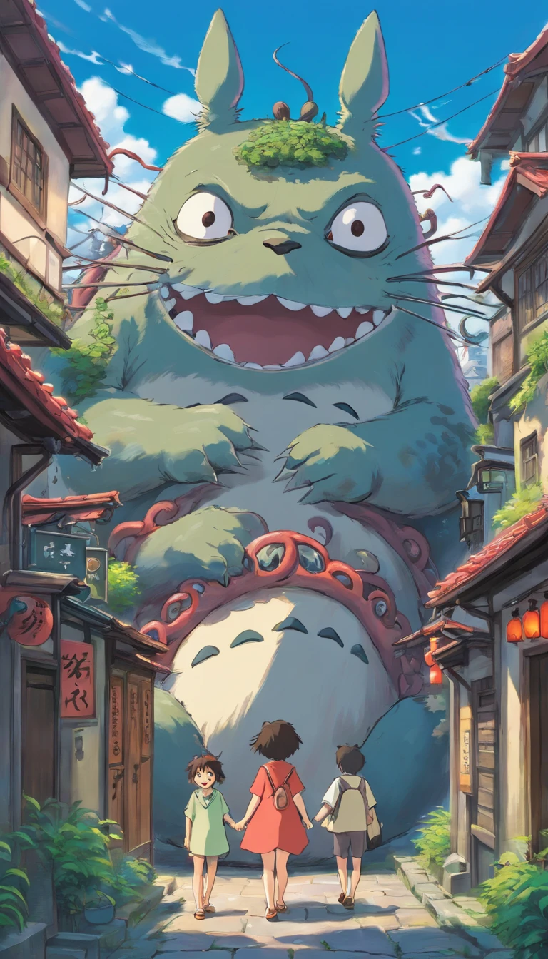Tentacle horror AI ancient town totoro