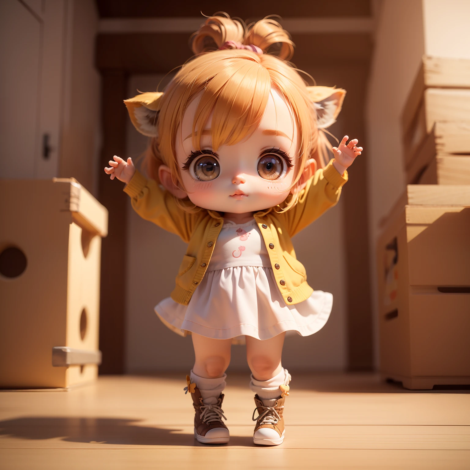 (Best Quality), (masutepiece), Charming chibi animation of cute  with giraffe-like face, (Chibi 3D): 1.3, (A detailed face:1.2), (Standing posture:1.1), Randomly generated backgrounds,Jumping