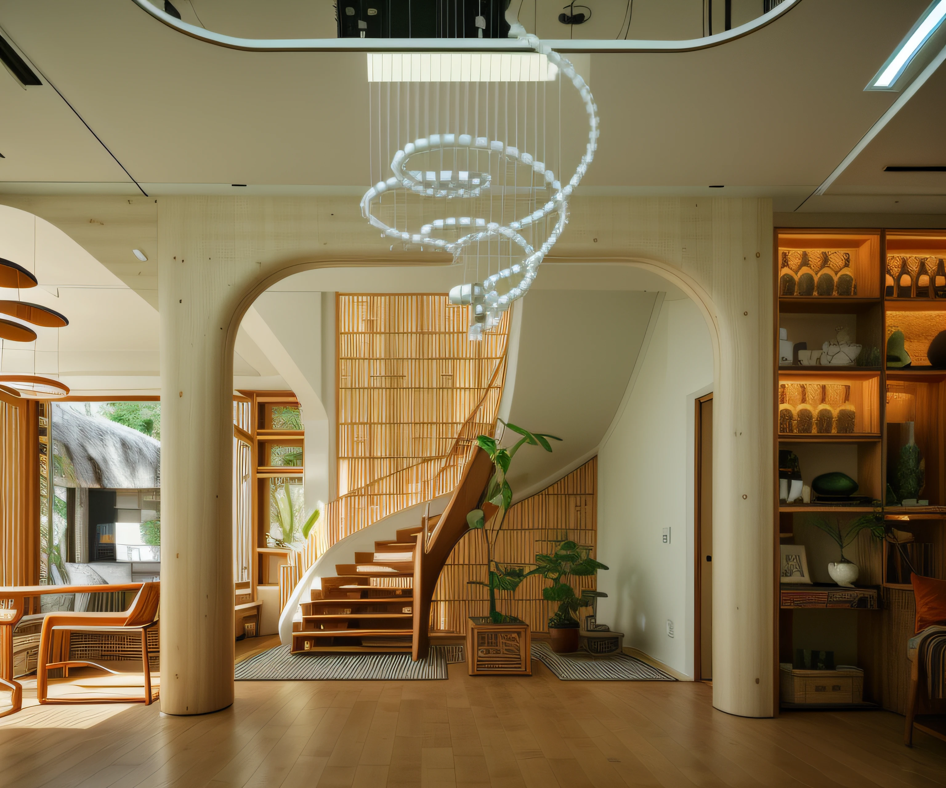 Interior design、Crazy detailed wide-angle building photos、cozy contemporary living room、(Bright warm sunshine 1:0.1)、award-winning contemporary interior design、Landscapes、DL、a chair、in a house、wooden floor、window、dining room、east asian east asian architecture、Sliding paper doors、lamp lights、buliding、the woods、naturey、Cups、A plant、Interior design、Insert lights and shadows、depth of fields、low illuminance