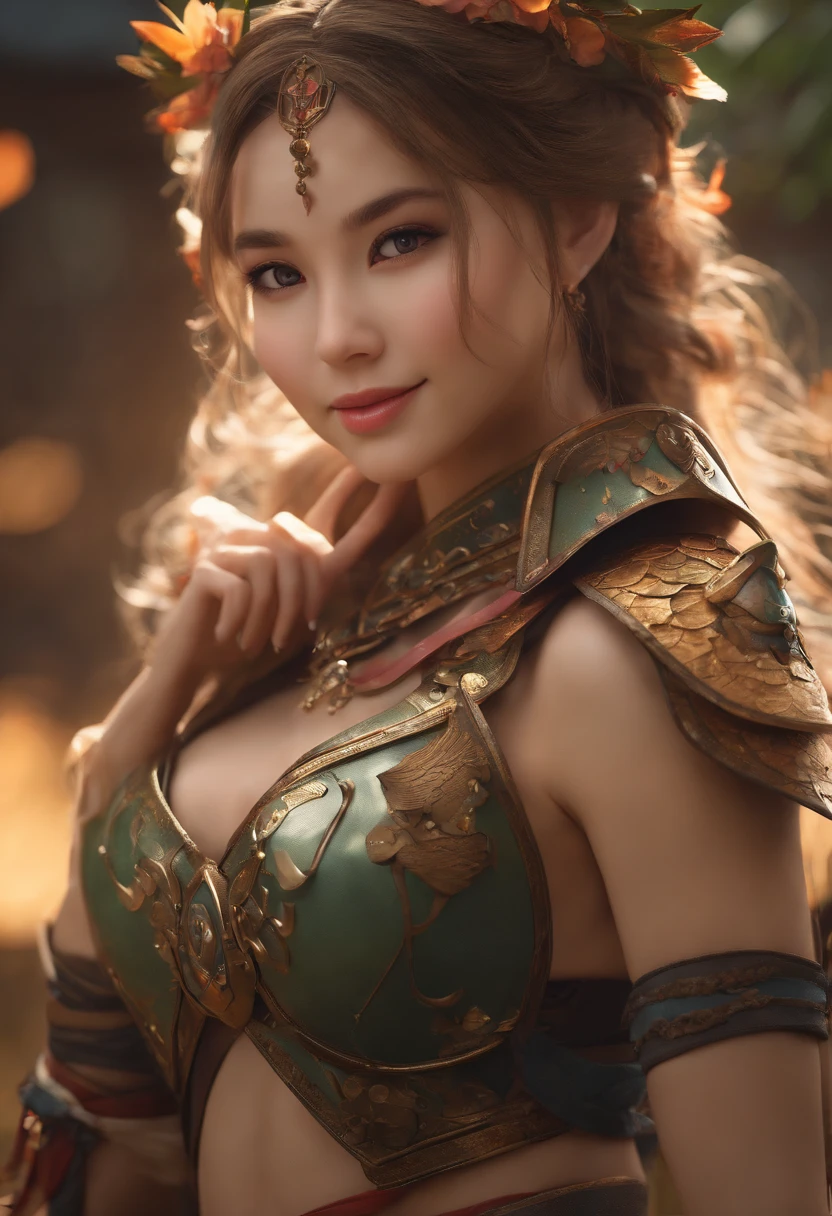 (Best quality, 8k, 32k, Masterpiece, UHD:1.2),fantasy,cute girl,japanese,Warrior Cosplay,Exposed bikini Armor,smile,thigh,bare navel,full body shot,fishnet stocking,full body shot