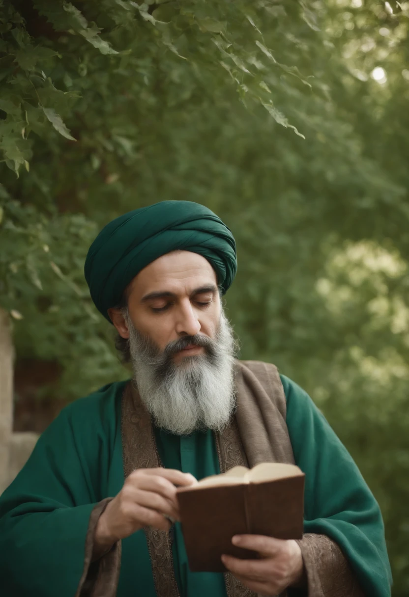 Omar Khayyam, Persian sings, philosopher, reads poetry, in dark green clothes, in the garden
