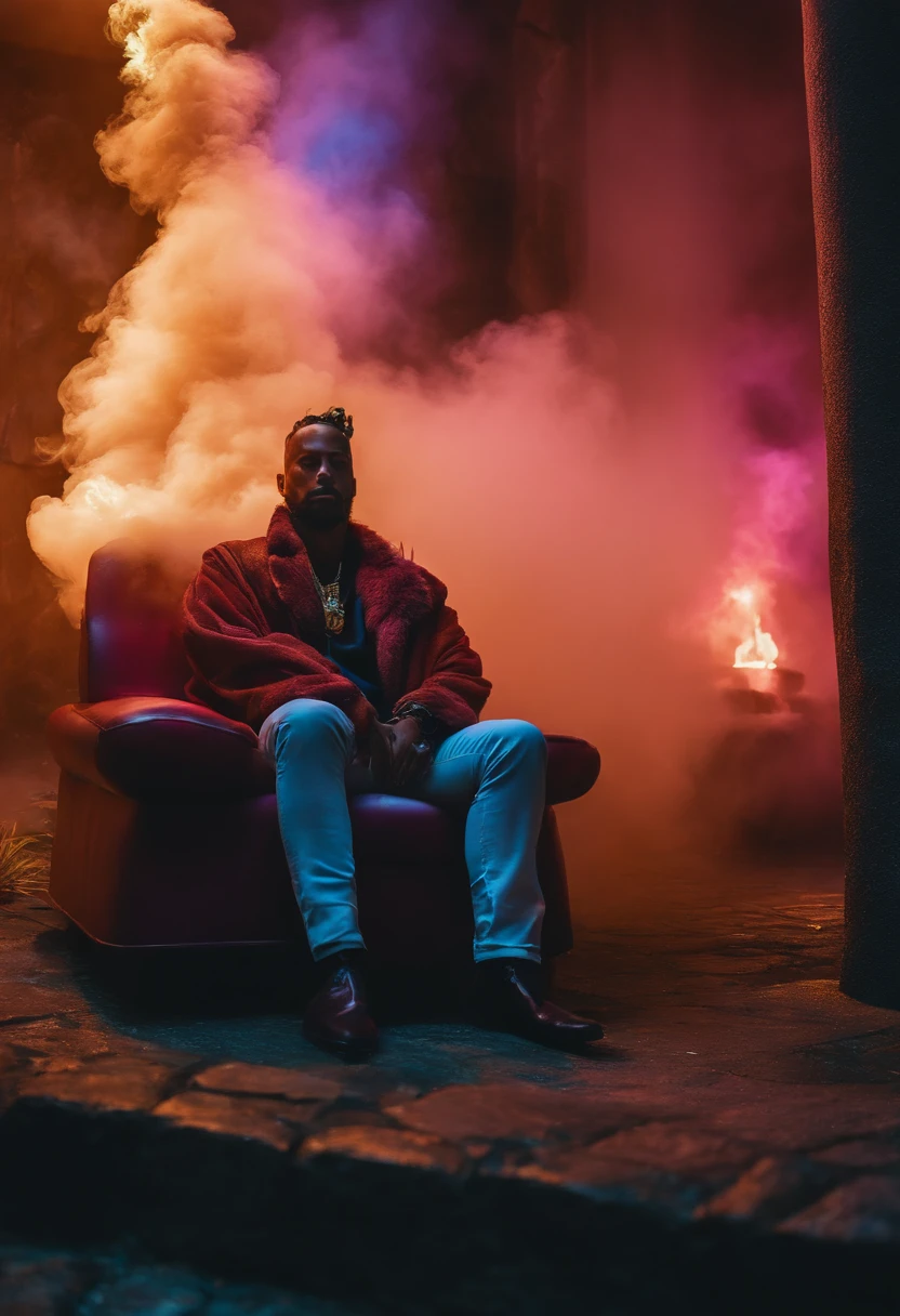 Um homem sentado em um trono de pedra no meio de um beco de uma cidade futurista, with colorful smoke around him, Several fumes around him, neon, estilo cyberpunk, duas mulheres ao lado do trono de pedra