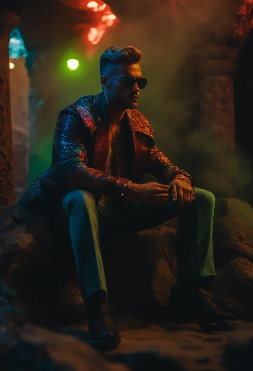 Um homem sentado em um trono de pedra no meio de um beco de uma cidade futurista, with colorful smoke around him, Several fumes around him, neon, estilo cyberpunk, duas mulheres ao lado do trono de pedra