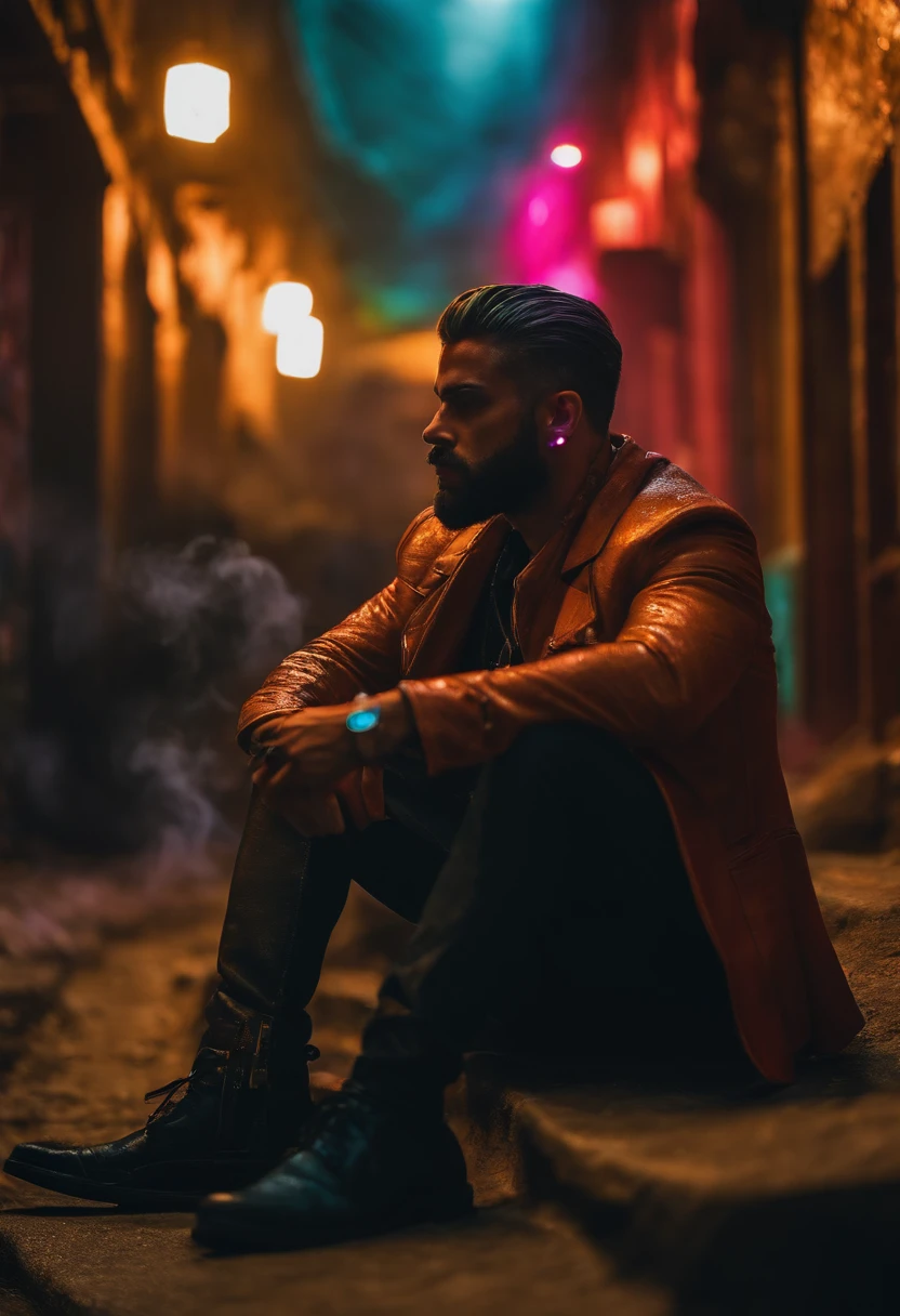 Um homem sentado em um trono de pedra no meio de um beco de uma cidade futurista, with colorful smoke around him, Several fumes around him, neon, estilo cyberpunk, duas mulheres ao lado do trono de pedra