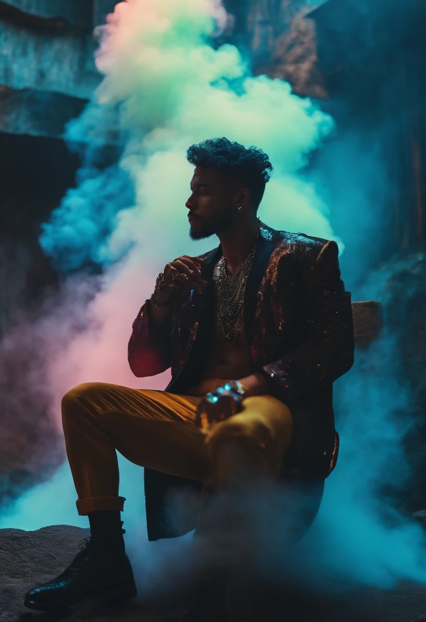 Um homem sentado em um trono de pedra no meio de um beco de uma cidade futurista, with colorful smoke around him, Several fumes around him, neon, estilo cyberpunk, duas mulheres ao lado do trono de pedra