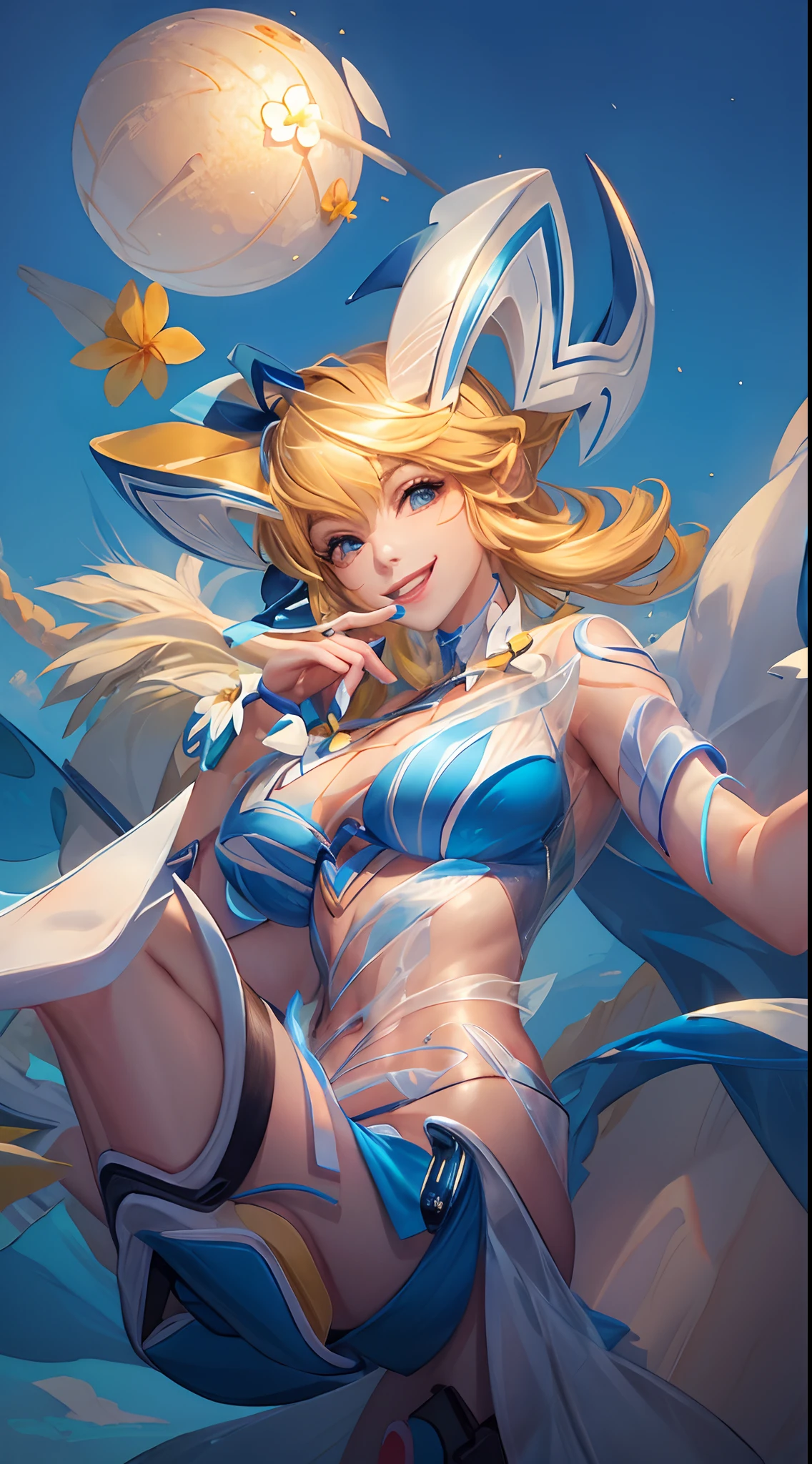 ((big breasts)), 1girl, solo, looking at viewer, smile, short hair, blonde hair, navel, holding, jewelry, standing, swimsuit, full body, flower, bikini, hairband, outdoors, sky, shoes, day, striped, nail polish, bracelet, see-through, ocean, beach, sneakers, blue bikini, striped bikini, sand, water gun, holding water gun , (masterpiece,best quality:1.5)