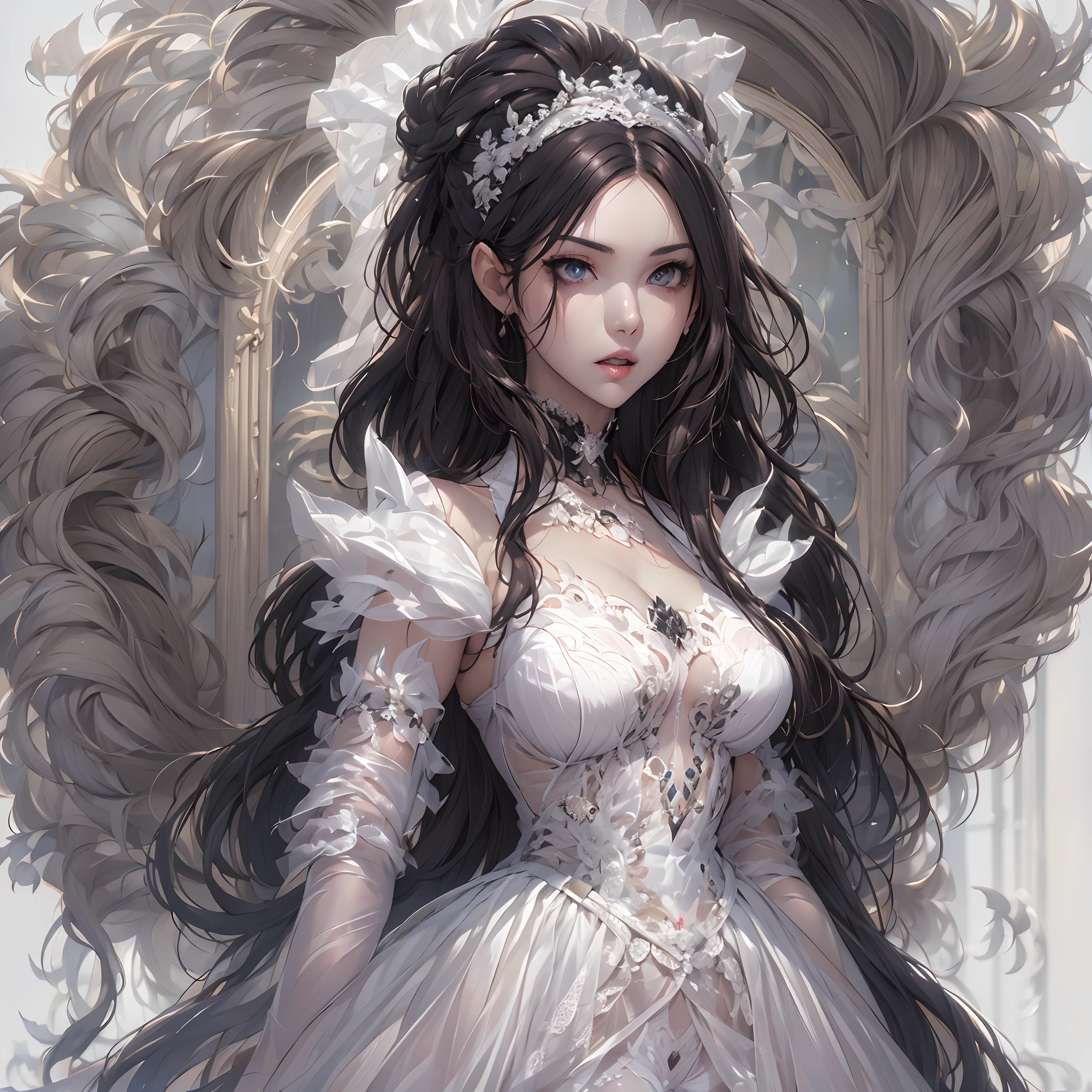 ((Masterpiece, Highest quality)), perfectly proportions，CharacterDesignSheet，full bodyesbian, Full of details, White background，Dark style，Beautiful teenage girl，Gradient hair color，Vampires，Detailed eyes, ssee-through，wedding gown，lacepantyhose，Cloud decoration，High Balance, Overhead halo，Natural light