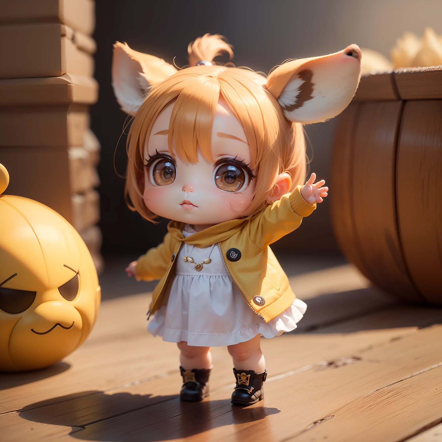 (Best Quality), (masutepiece), Charming chibi animation of cute baby with giraffe-like face, (Chibi 3D): 1.3, (A detailed face:1.2), (Standing posture:1.1), Randomly generated backgrounds,Jumping