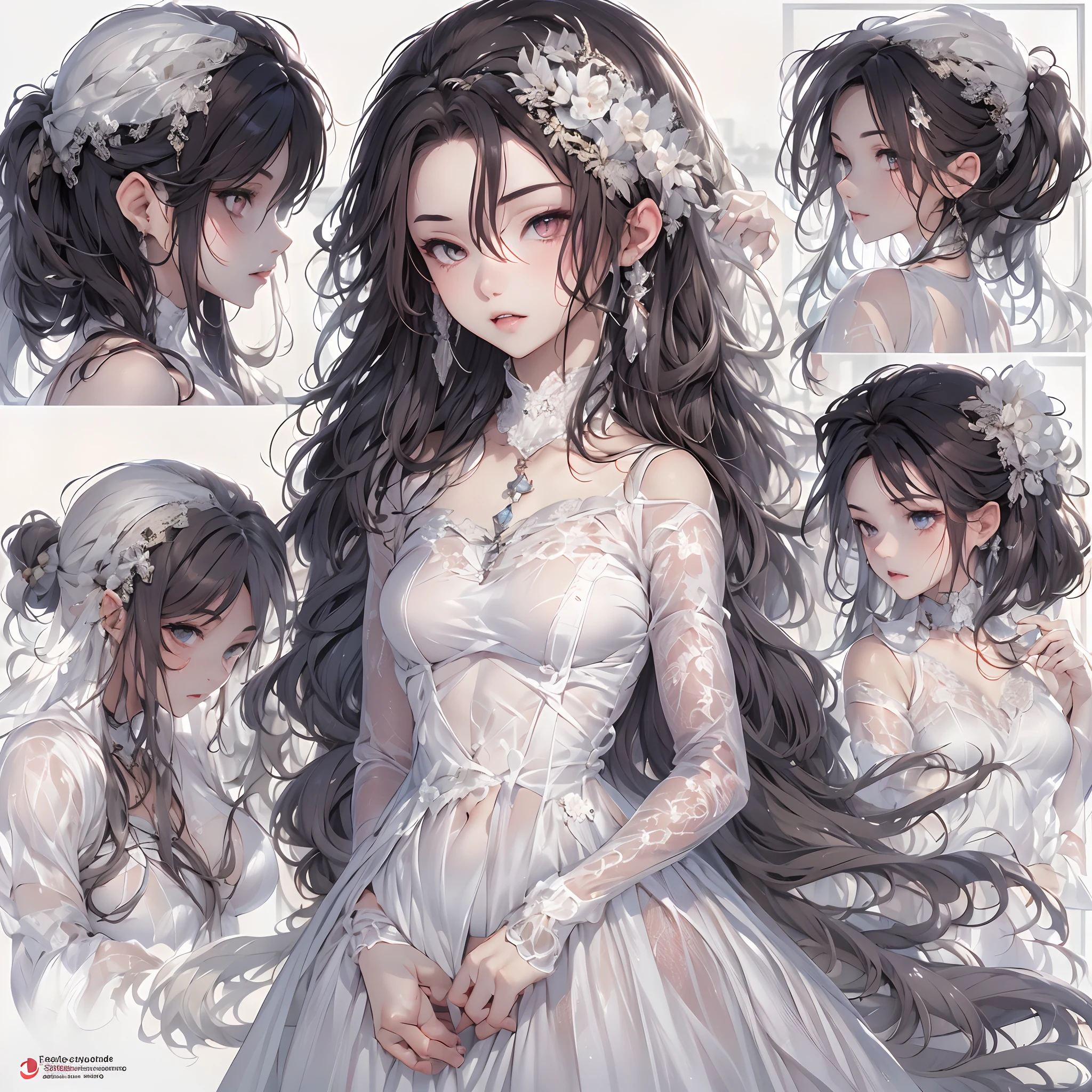 ((Masterpiece, Highest quality)), perfectly proportions，CharacterDesignSheet，full bodyesbian, Full of details, White background，Dark style，Beautiful teenage girl，Gradient hair color，Vampires，Detailed eyes, ssee-through，wedding gown，lacepantyhose，Cloud decoration，High Balance, Overhead halo，Natural light