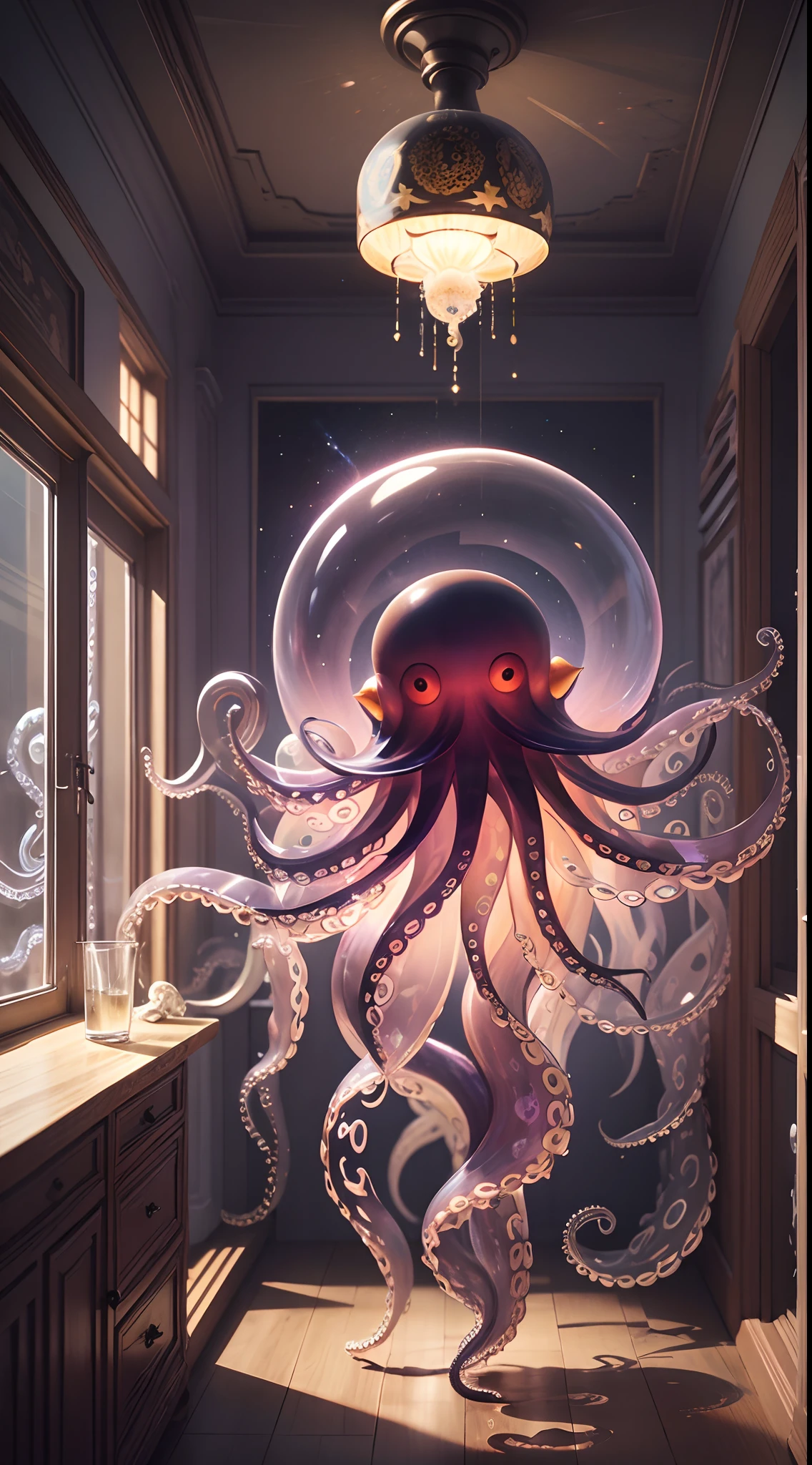 Masterpiece, Best quality, the wallpaper, Endless space,(((Clear glass octopus))), Cthulhu,In space，starlights，Lovecraft style,Photorealistic, high resolution, Detailed, Sharp focus