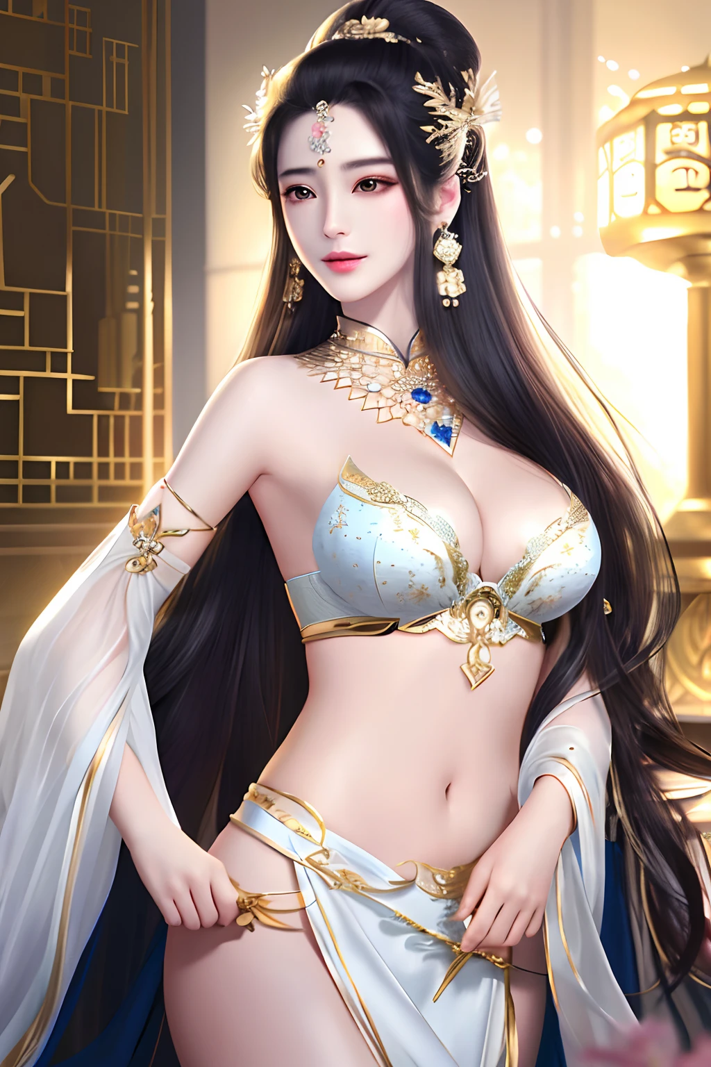 (Masterpiece:1.0), (Best quality:1.4), (超高分辨率:1.2),4K quality, (delicate illustrations:1.4),(8K, RAW photo:1.2),Soft focus,(Sharp focus:1.4), vi bra NT color,High quality, High contrast,Gorgeous light and shadow,(Best quality),,Portrait,
(Japanese:1.0),(China:0.5), (Liu Yifei:1.3),(1girll),young girl,standing, Face focus,
Exquisite facial features, Exquisite Hair, Elaborate Eyes,round eyes and long hair, Symmetrical face, Perfect skin, voluminetric lighting, stunning environment, Highly detailed, Ultra photo realsisim,Higg lips, Beautiful lips, symetry,Warm tones,
(Black hair), Intricate hair accessories,Stud earrings,bangle,(choker white:1,1),jewelry,Hair decoration,Goddess,Large breasts,
Medium breasts,A MILF, NSFW, , Uncensored, underwear,Bra,