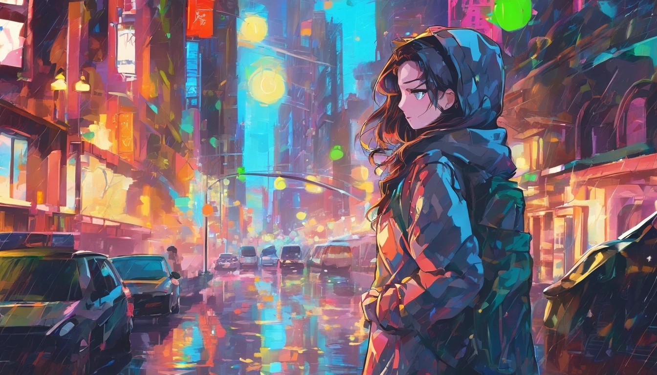 (Masterpiece:1.21), (Best quality:1.331), ((Ultra-detailed)), ((extremely best illustration)), ((Amazing)), (hyper qualit), Gorgeous and rich graphics, (Extremely delicate and beautiful:1.21), 8K, the wallpaper, (extremely beautiful lighting), hard light, Delicate composition, (Perfect positioning), (extremely beautiful and detailed background:1.21), Rembrandt style expression of light and shadow, Dark tone, (Low profile, high differential color levels), ((Depth of field)), deepshadow, Dynamic Angle, From the side Side, Upper body, Radial blur, rain, (City lights, The background is blurred out), (1girll),(Beautiful detailed eyes), Clear blue eyes, Long silver French braided hair, camouflage uniform, Transparent raincoat, Wet clothes and wet skin and dripping wet hair, Lens flare, String Light, street,, Masterpiece, Best quality like foggy rain，Fog like rain，The strands linger。