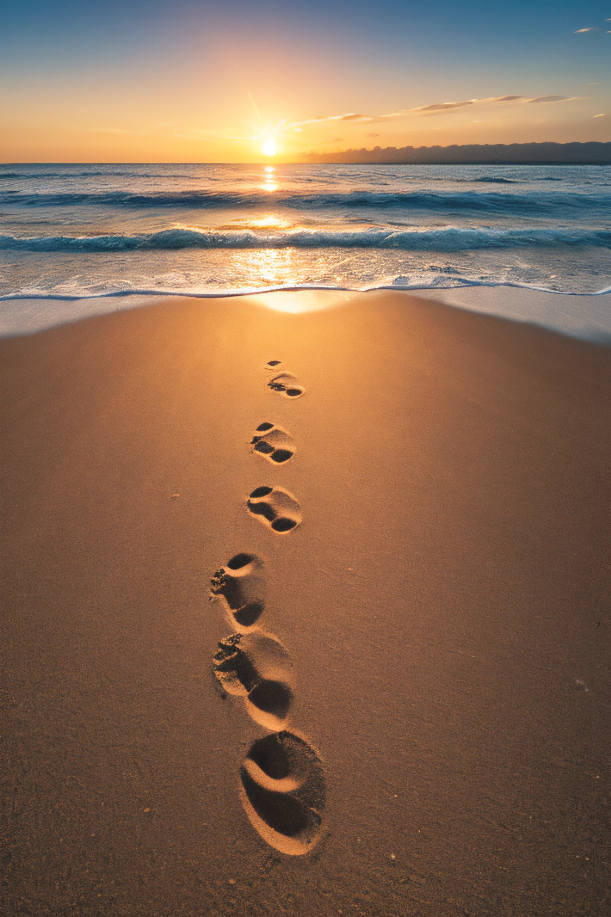Sunrise landscape on the beach with footprints on the sand without people in high resolution and details