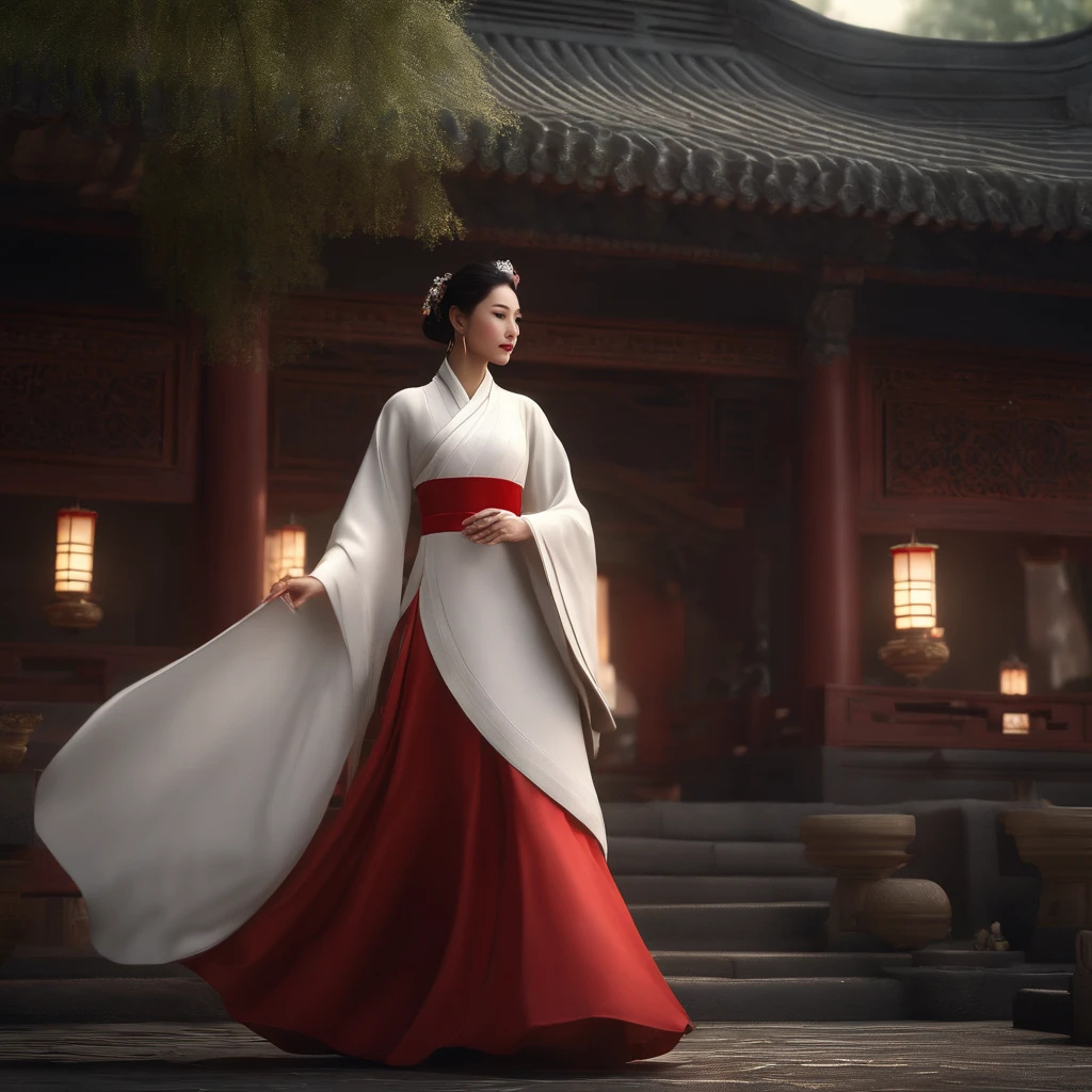(professional 3d render:1.3) af (Realistic:1.3) most beautiful artwork photo in the world, Generate an image of a graceful Chinese lady dressed in traditional Hanfu attire. She should be strolling beside the Great Wall of China, with the wall winding through a lush green mountainous landscape., full body 8k unity render, action shot, skin pore, very dark lighting, heavyshading, Detailed, Detailed face, (vibrant, photograph realistic, Realistic, Dramatic, Dark, Sharp focus, 8K), (Red wedding dress,:1.4), ((((a white long skirt)))), (Intricate:1.4), decadent, (Highly detailed:1.4), Digital painting, rendering by octane, art stations, concept-art, smooth, Sharp focus, illustration, Art germ, (Hanfu:0.23), Oriental women, Oriental female general, (Global illumination, Studio light, volumettic light), heavy rain, particles floating, lotr, fantasy, elf, full bodyesbian, ((Dark and courtyard background:1.3)),CGSesociety,art stations