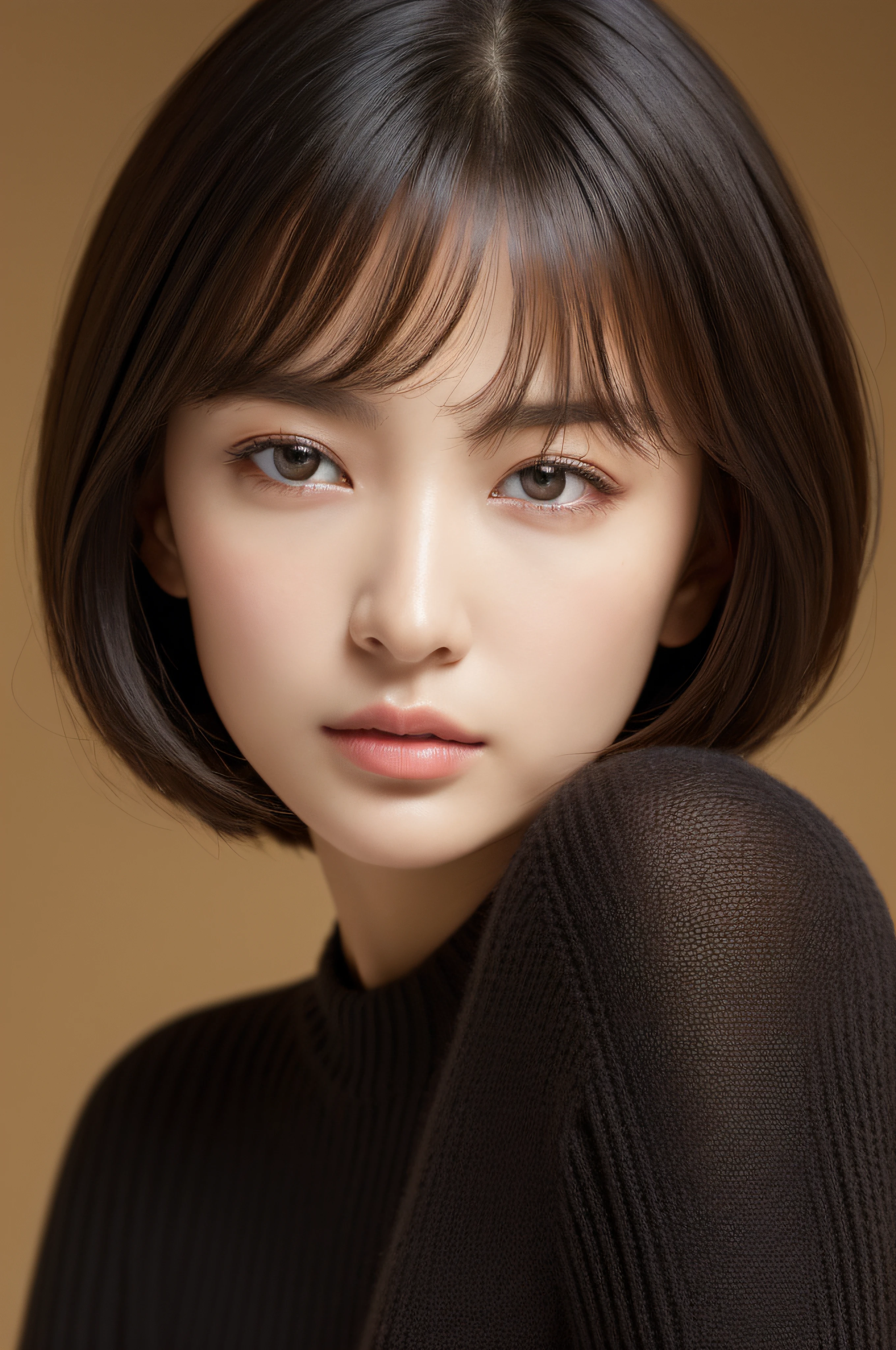(masuter piece:1.3)、(8K、Photorealsitic、Raw photography、top-quality: 1.4)、(1girl in)、Very beautiful face、very beautiful face、very beautiful face、(Very realistic face)、(A dark-haired、short-hair:1.3)、Very beautiful hairstyle、Very realistic eyes、Very beautiful details、(Very realistic skin)、Very beautiful skin、(Sweaters)、absurderes、Very attractive、超A high resolution、A hyper-realistic、high-detail、the golden ratio、the golden ratio、the golden ratio、Beauty、Beauty、Beauty。