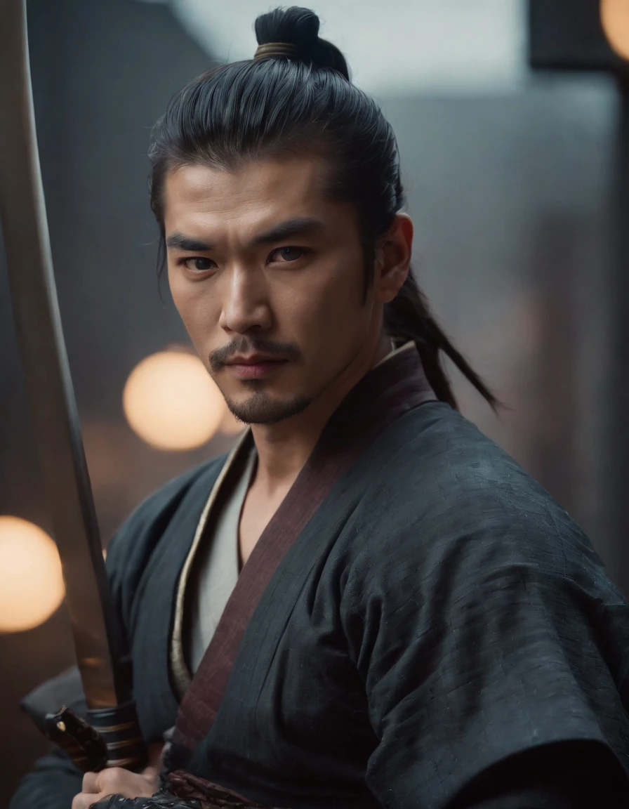 1 Handsome man,Samurai solo,Cyberpunk background,1 katana,Photo,Photorealistic,