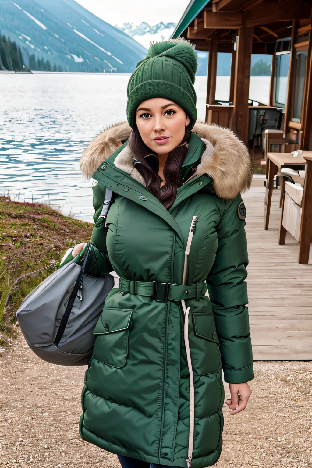 Make a woman with big breast, Green long winterjacket , with open zipper, with face, body, Lakeside house, travel bag, dog, Nude