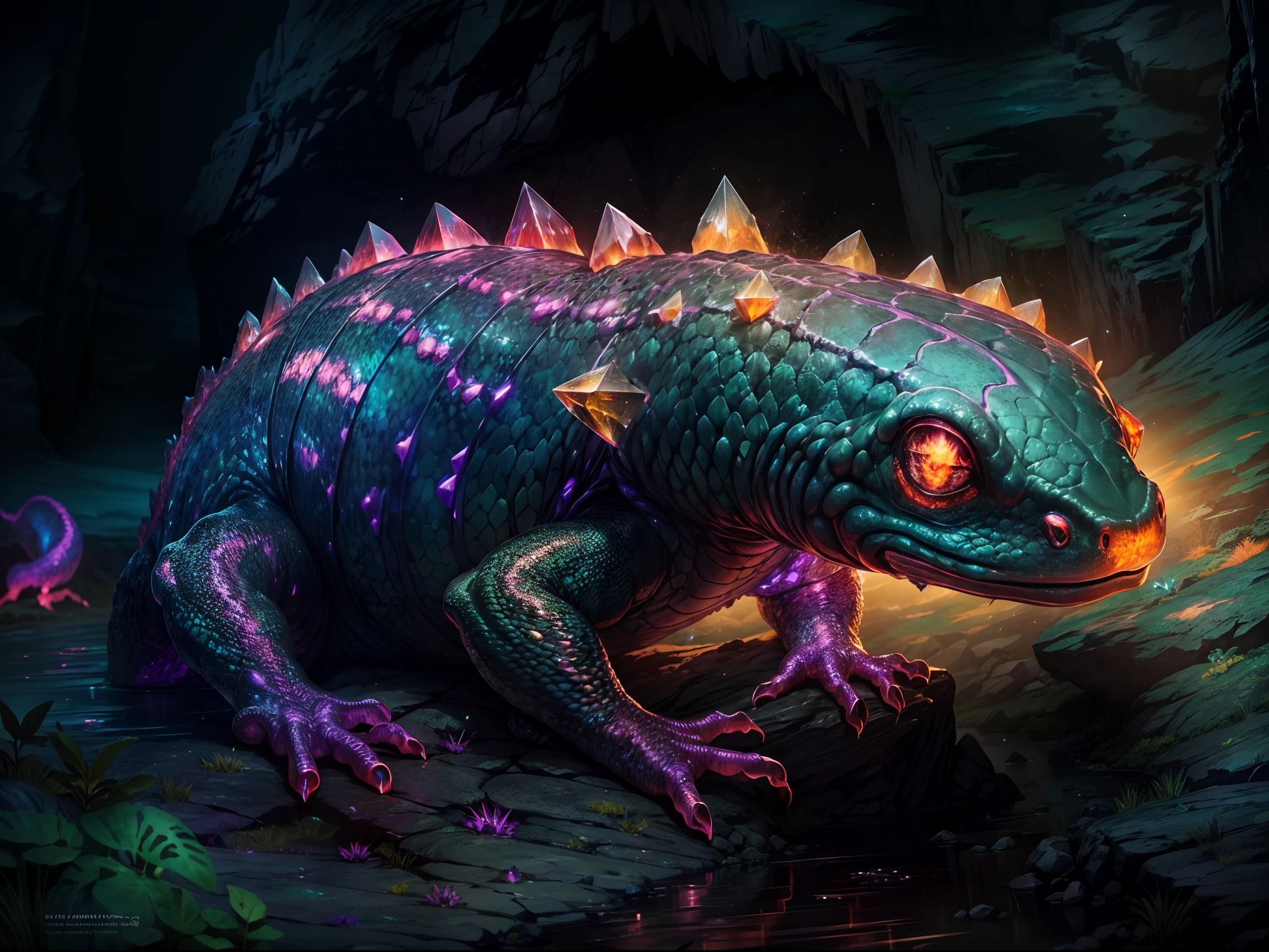 (glowing giant crystal salamander, shining crystal scale, wet cave, dark cave, big crystal, gigantic mutant salamander, big glowing spike of crystal on back, mysterious lighting, detailed eyes, detailed scales, surreal atmosphere, vibrant colors)