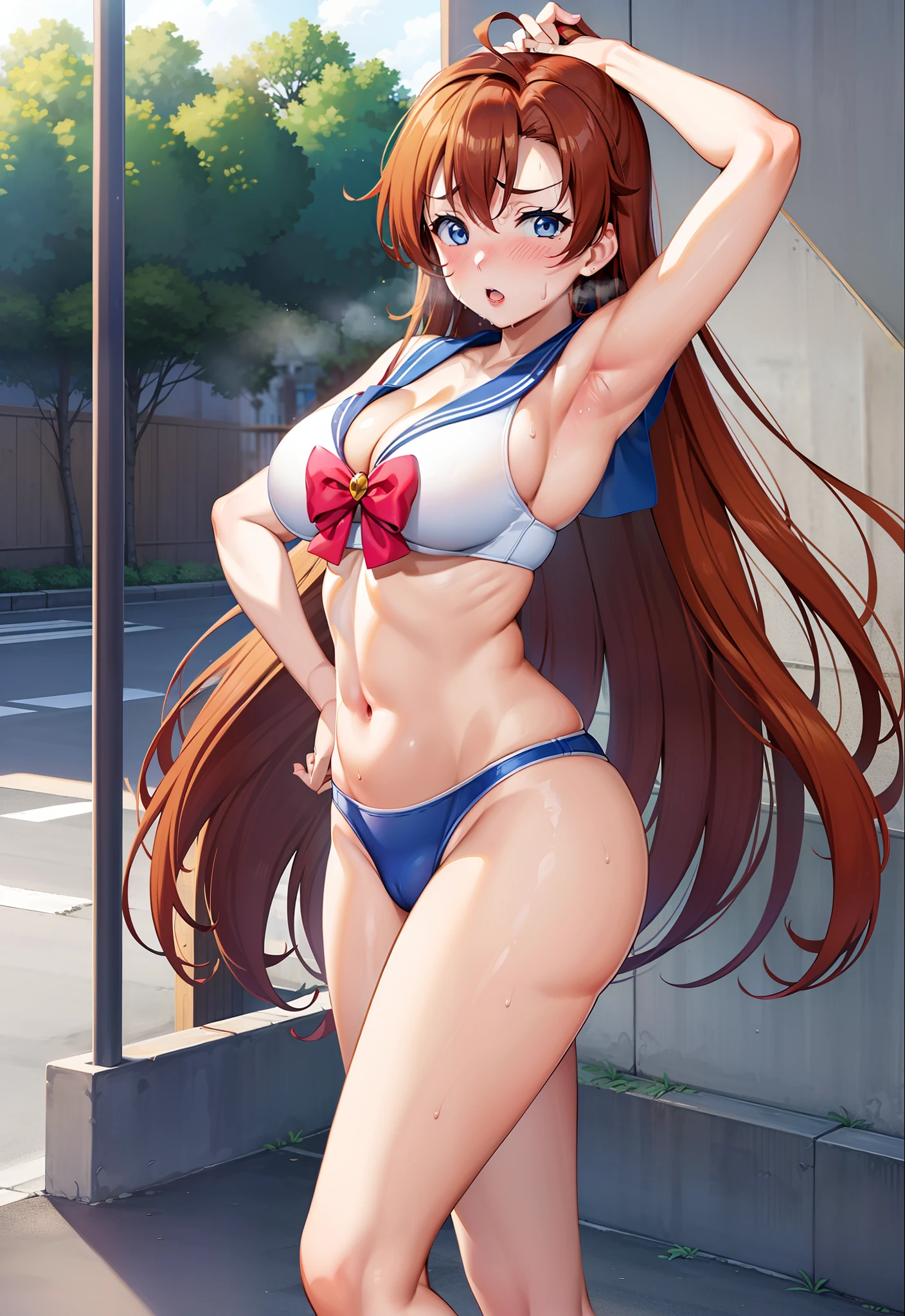 Kousaka honoka, blue eyes, sailor moon lingerie,  heavy breathing,red face,blunt hair,curvy body, standing , foreground, tokyo street, japan , exposed armpits, exposed groin, exposed inguinal, exposed pubis, cleavage, sweaty, sweating, ahoge, shocked, Blushing