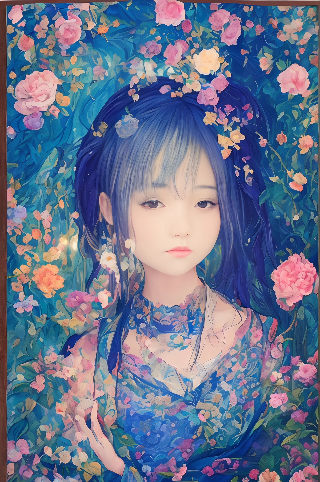 Beautiful Art Posters、１boy、Kinder world、((masutepiece)),((Best Quality)),((high detailing)), Pastel or pale colors、​masterpiece、High Quality Art Poster、Calculated composition of the painting、Ariana's work is AI art with mandalas, flowers, and blue flowers as motifs.、Be fascinated、Her passionate color palette、Beautifully and clearly depicts the intricate geometric patterns of the mandala、Bringing quiet harmony of the heart to the viewer。The deep hue and ephemeral presence of the blue mandala flower、Blends into the work as a symbolic element interwoven with the joys of life、Ariana's work evokes introspection and impressions in the viewer