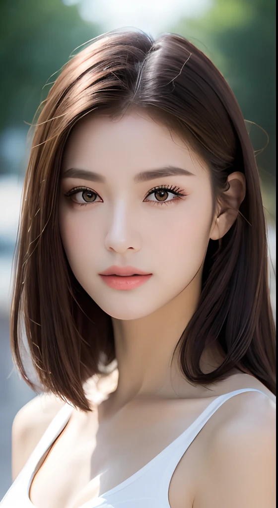 ((Realistic lighting, Best quality, 8K, Masterpiece: 1.3)), Clear focus: 1.2, 1girl, Perfect beauty: 1.4, Slim abs: 1.1, ((Dark brown hair)), (White crop top: 1.4), (Outdoor, Night: 1.1), Park view, Super fine face, Fine eyes, Double eyelids,