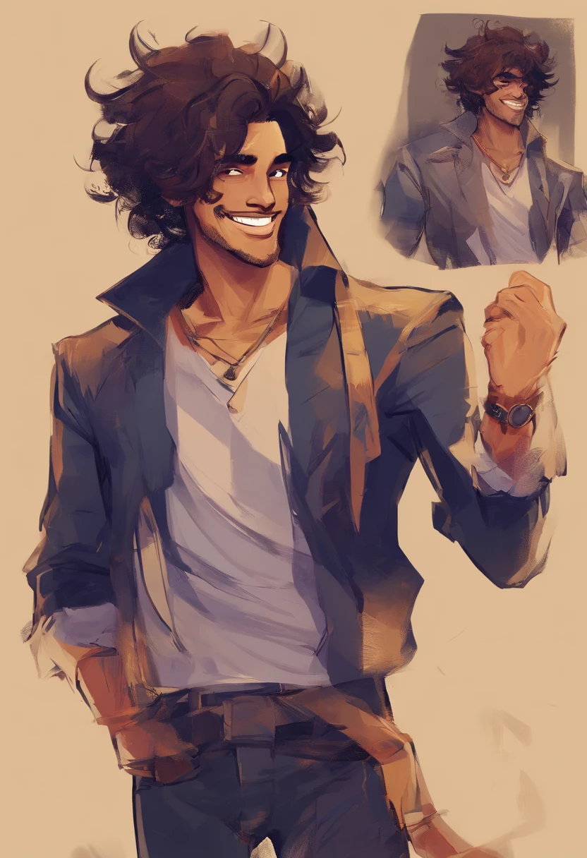 um rapaz de 24 anos dos eua, pele parda e cabelo castanho escuro, He's lively and smiling. His hair is short and a messy little, possuindo franja. their clothes are casual and comfortable