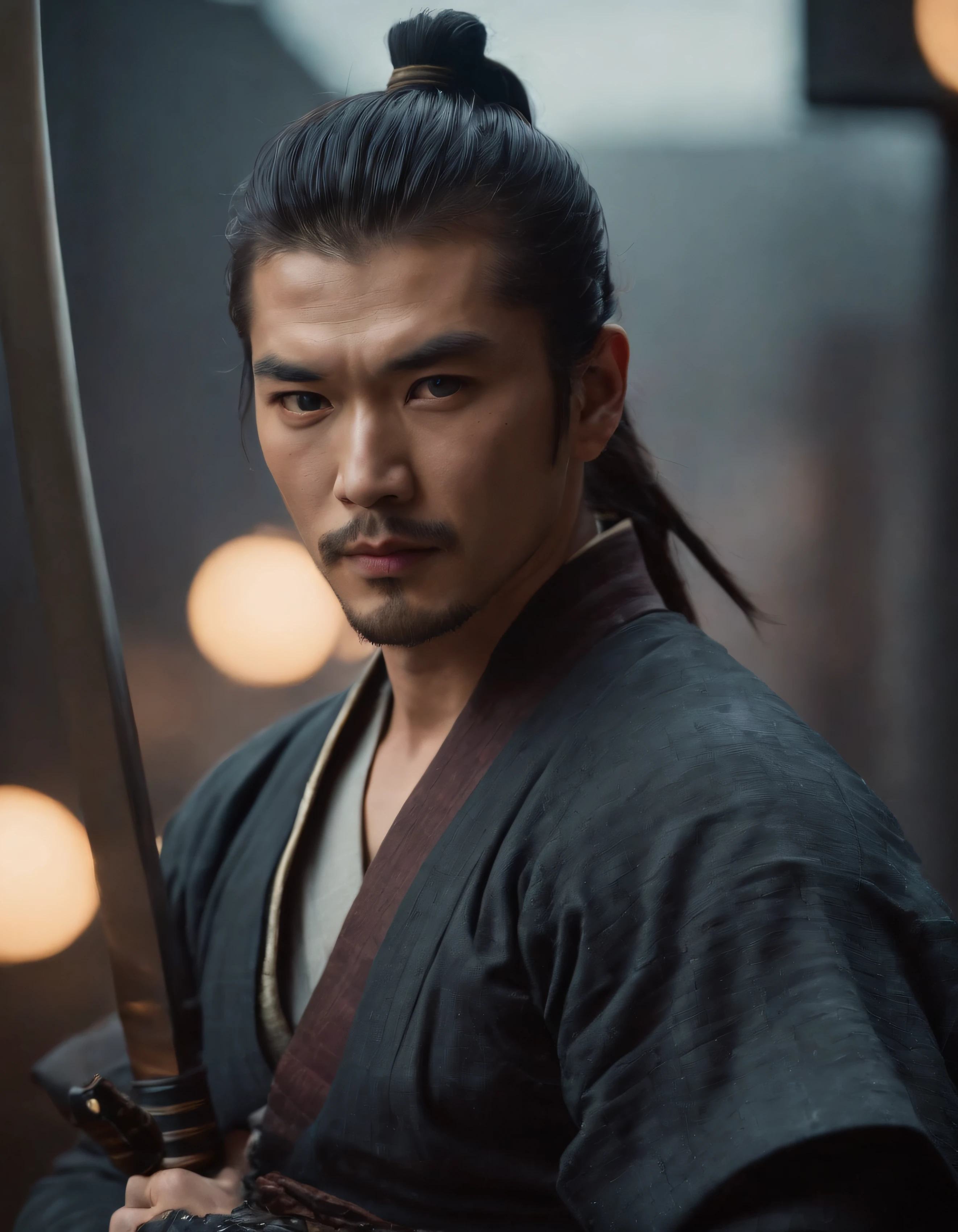1 Handsome man,Samurai solo,Cyberpunk background,1 katana,Photo,Photorealistic,