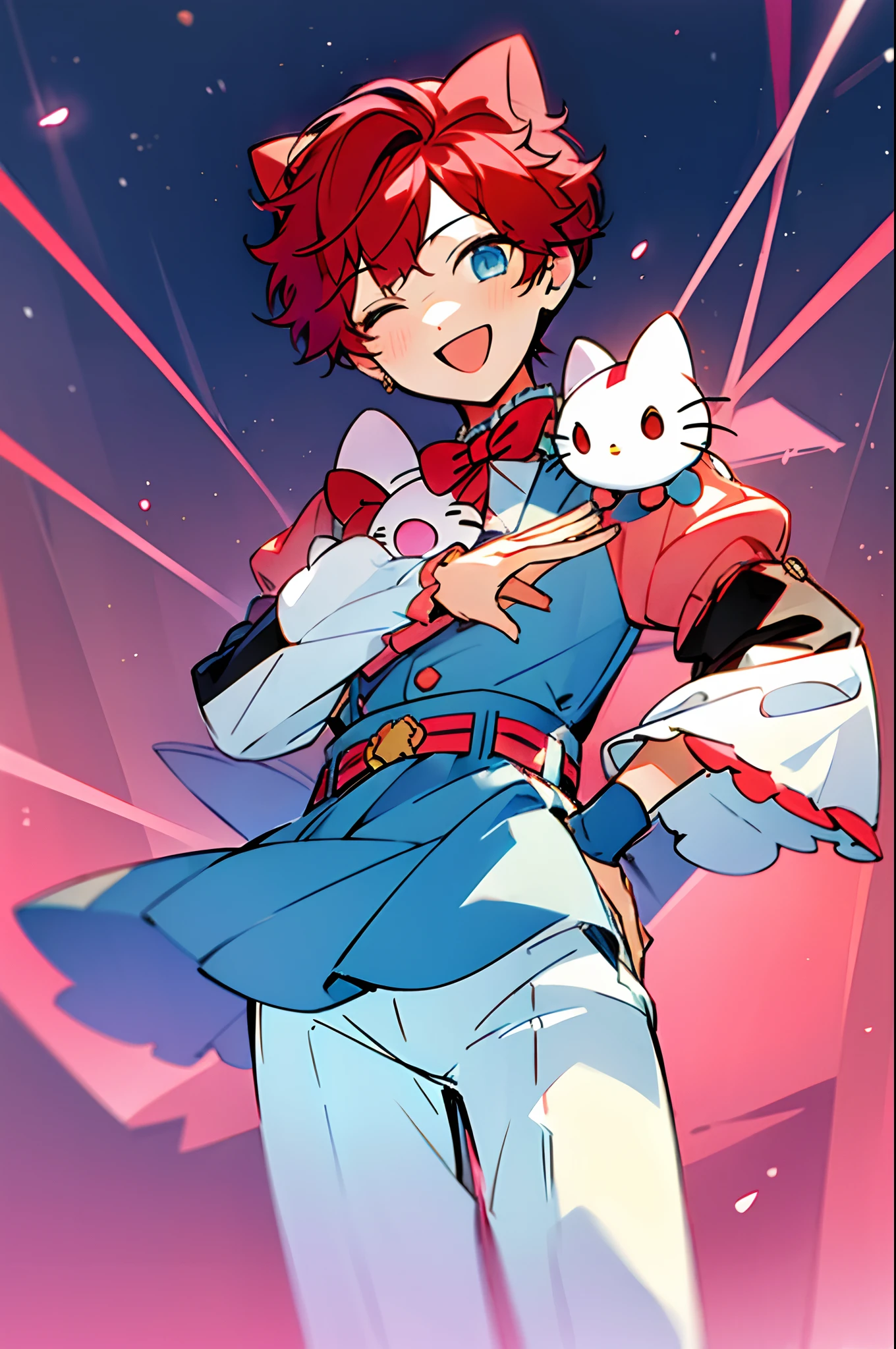 hiiro, solo, looking at viewer, smile, short hair, open mouth, blue eyes, long sleeves, 1girl, bow, ribbon, holding, male focus, red hair, cowboy shot, frills, one eye closed, belt, pants, hand up, stuffed toy, stuffed animal, ;d, frilled sleeves, waving, white pants, idol, holding stuffed toy, stuffed cat, idol clothes, hello kitty, hello kitty \(character\),