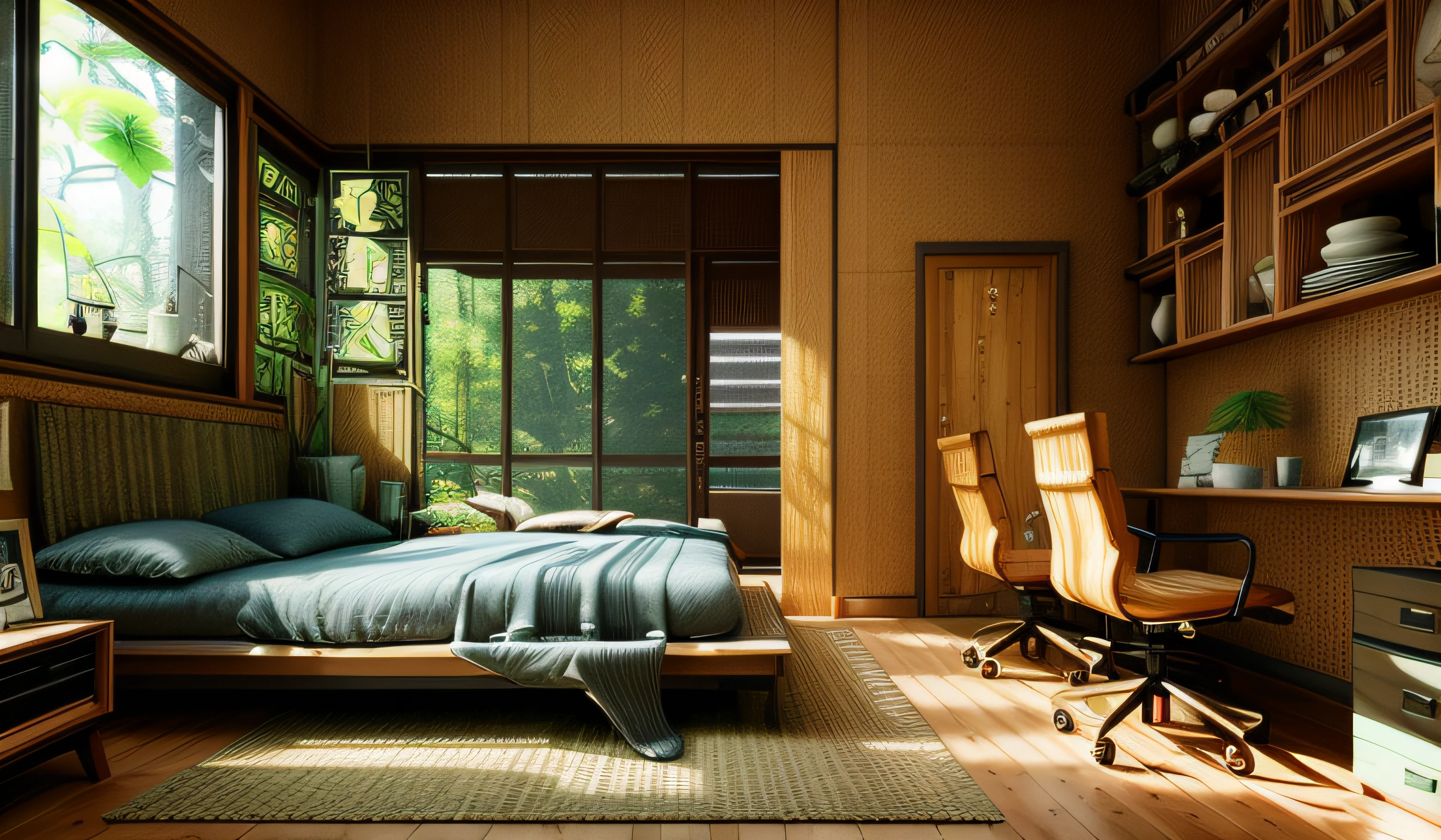 Interior design、Crazy detailed wide-angle building photos、cozy contemporary living room、(Bright warm sunshine 1:0.1)、award-winning contemporary interior design、Landscapes、DL、a chair、in a house、wooden floor、window、dining room、east asian east asian architecture、Sliding paper doors、lamp lights、buliding、the woods、naturey、Cups、A plant、Interior design、Insert lights and shadows、depth of fields、low illuminance