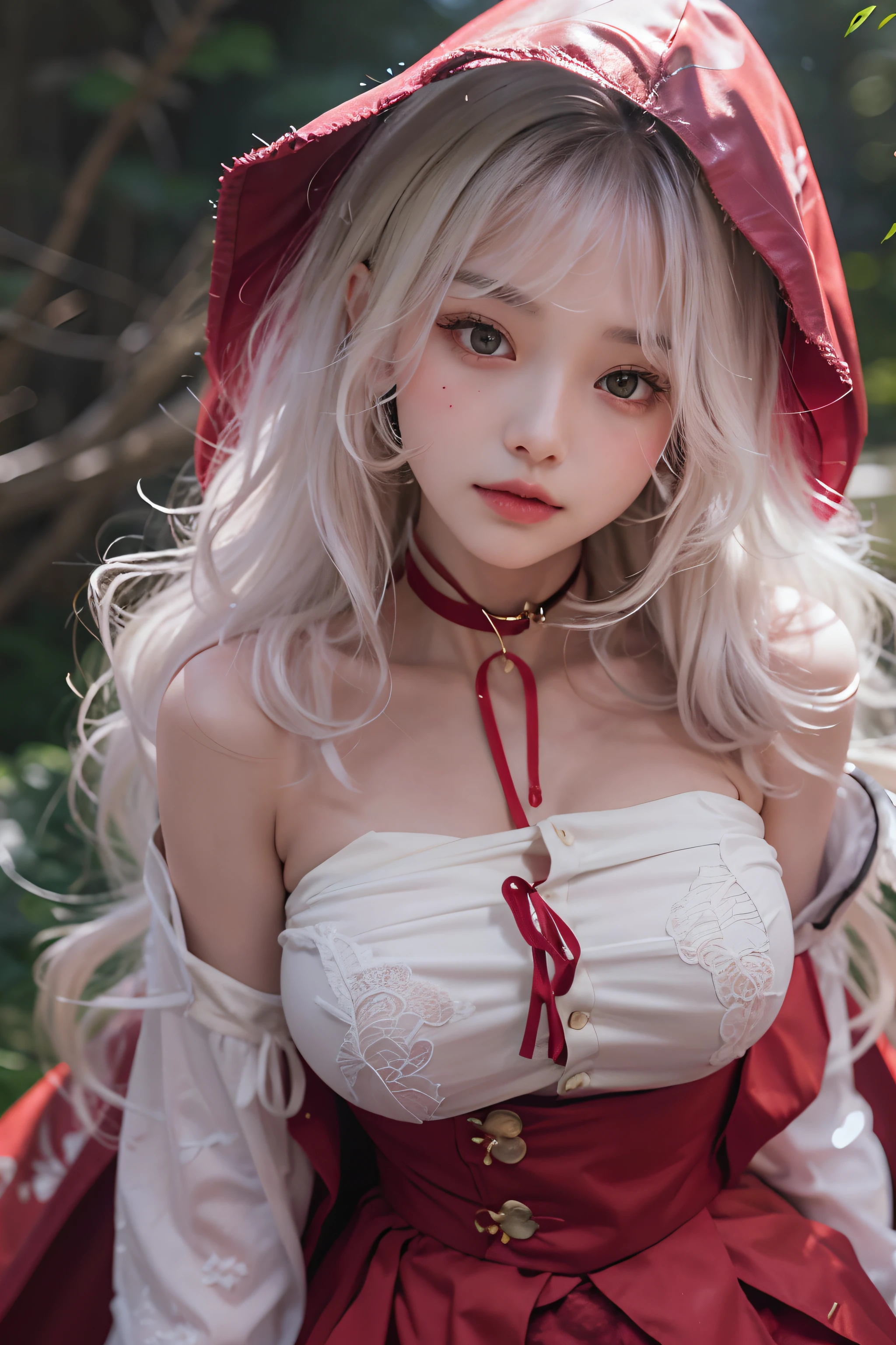 (Best Quality Detail)、realisitic、8K UHD、hight resolution、(red riding hood)、(Knee shot)、(1girl in)、((Anxious expression))、The ultra-detailliert、intricate detailes、High quality shadows、Detail Beautiful delicate face、Detail Beautiful delicate eyes、in her 20s、(The best smile)、Pretty Kpop Girl、(Korean Urzan Face)、(ulzzang -6500-v1.1:0.6)、pureerosface_v1、gloweyes、perfectbody、(Colossal tits)、 ((look at viewr))、Hasselblad, Carl zeiss, Incredible dynamic range photography(UTIL_Art by Smoose-768:1.1), (White hair color)、teak、Glossy lips、Natural color reproduction, ((strong lights))、(aureole)、((Hood cover))、(a choker)、((Brown eyes))、((Beautiful Finger))、(White hair), (Twin braids)、(Pattsun bangs)、(bangss)、 Shiny hair、Description beautiful delicate hair、(Lustrous skin)、((Wear the hood deeply))、、((Little Red Riding Hood))、(red cape)、(a red skirt)、(corsets)、(forest at night)、(Dark Night Road)、((the wind))、